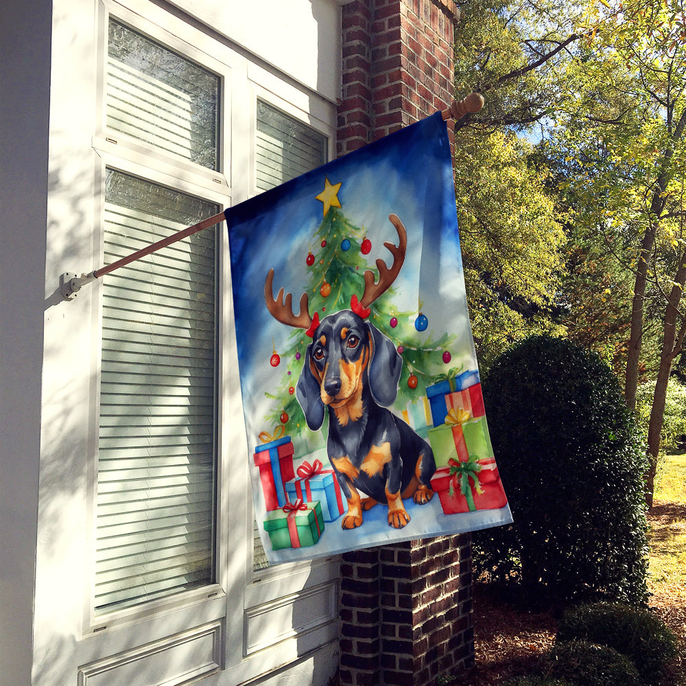 Black and Tan Dachshund Christmas Reindeer House Flag 28x40 Porch Sleeve Pole Decorative Outside Yard Banner Artwork Wall Hanging, Polyester
