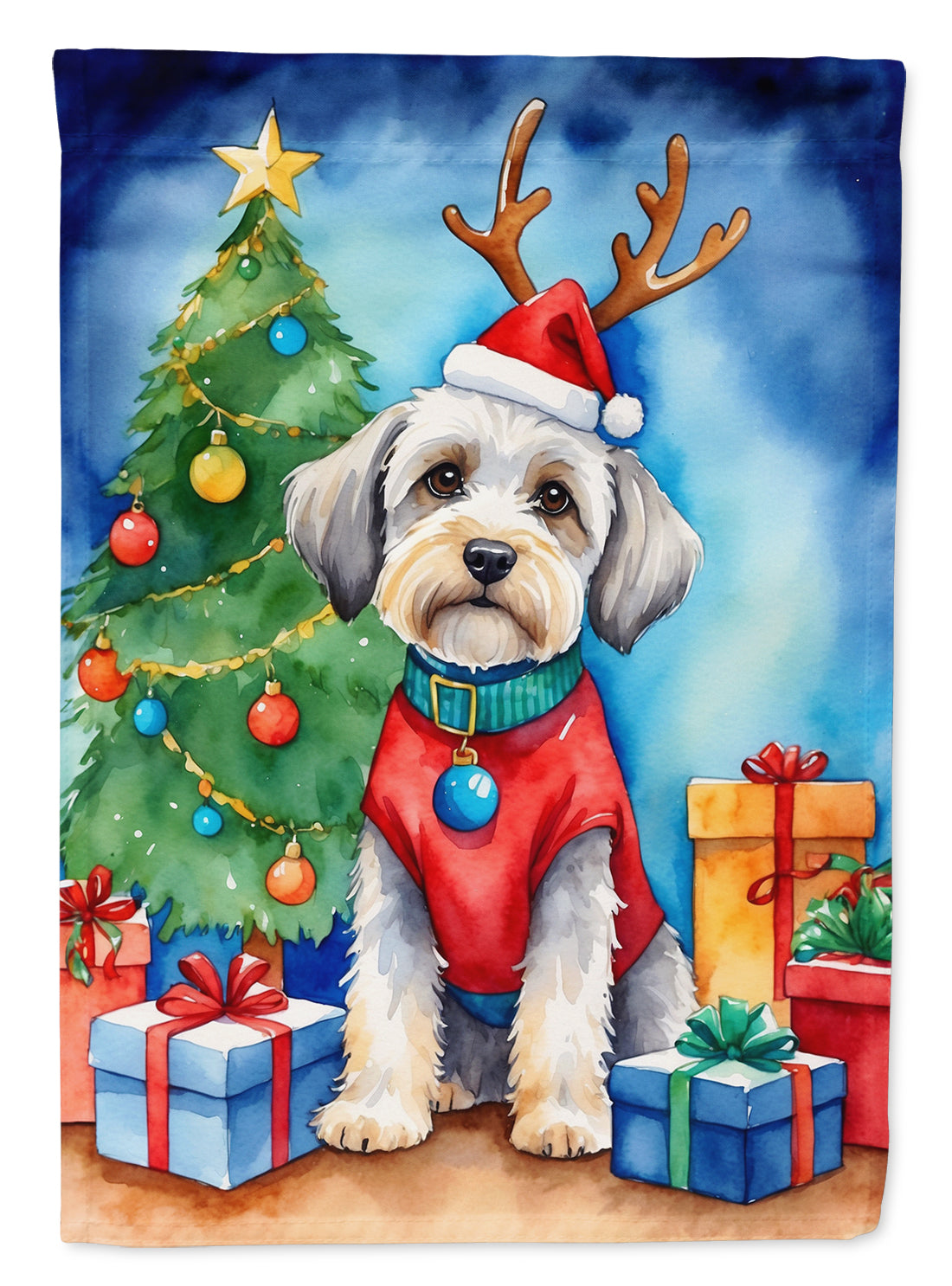 Dandie Dinmont Terrier Christmas Reindeer House Flag 28x40 Porch Sleeve Pole Decorative Outside Yard Banner Artwork Wall Hanging, Polyester