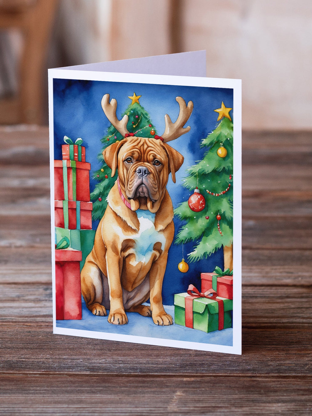Dogue de Bordeaux Christmas Reindeer Greeting Cards Pack of 8 Blank Cards with Envelopes Whimsical A7 Size 5x7
