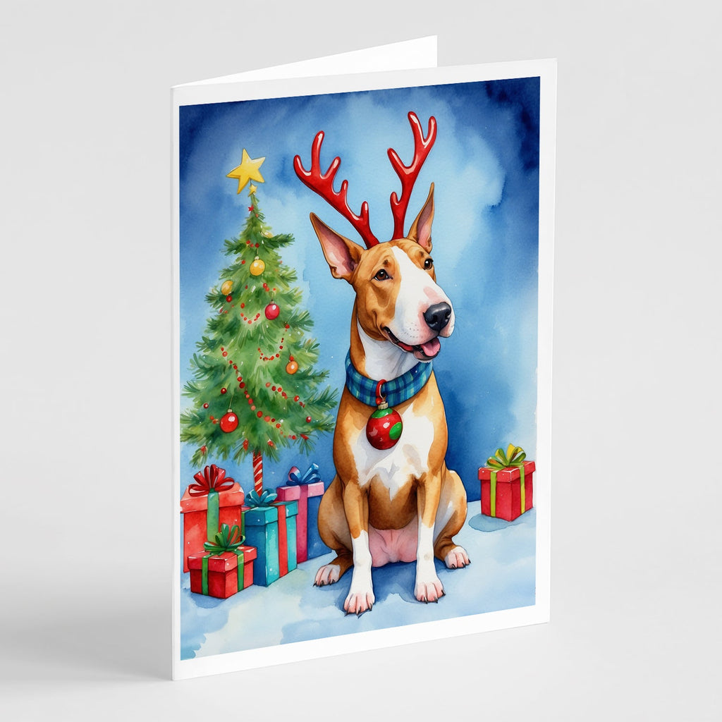Bull Terrier Christmas Reindeer Greeting Cards Pack of 8 Blank Cards with Envelopes Whimsical A7 Size 5x7