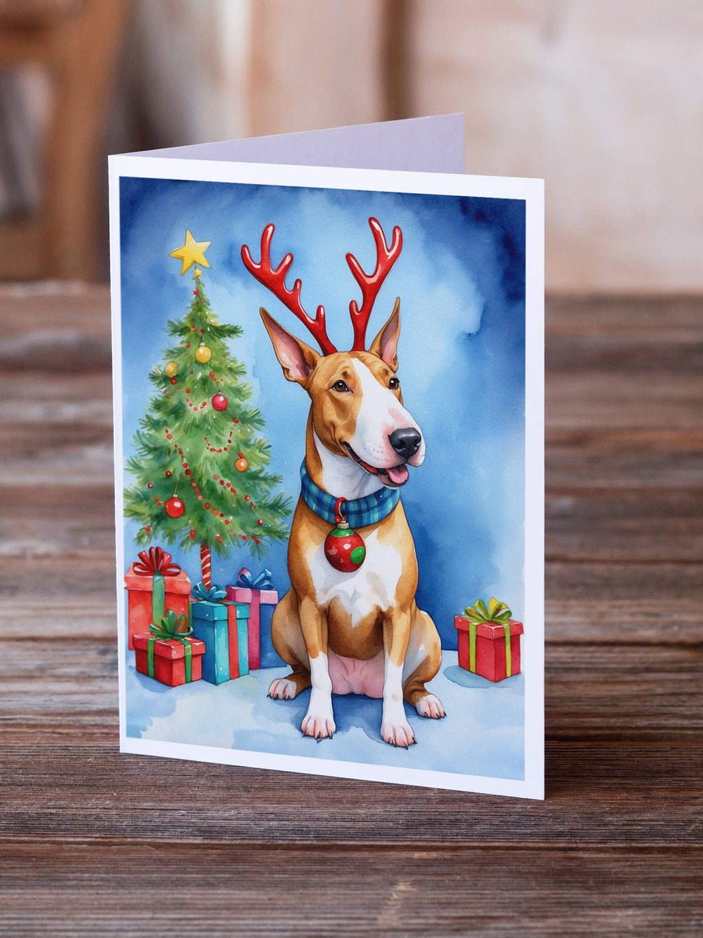Bull Terrier Christmas Reindeer Greeting Cards Pack of 8 Blank Cards with Envelopes Whimsical A7 Size 5x7
