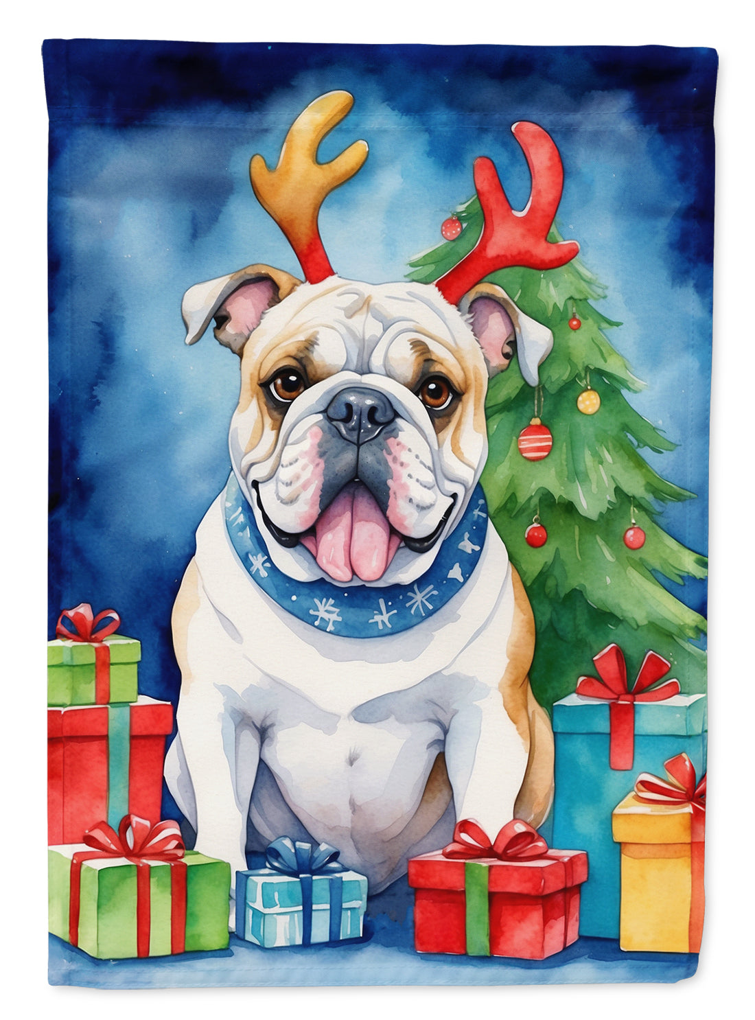 White English Bulldog Christmas Reindeer House Flag 28x40 Porch Sleeve Pole Decorative Outside Yard Banner Artwork Wall Hanging, Polyester