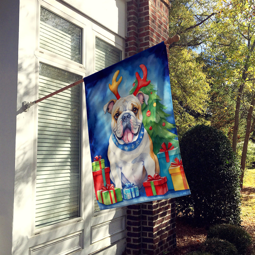 White English Bulldog Christmas Reindeer House Flag 28x40 Porch Sleeve Pole Decorative Outside Yard Banner Artwork Wall Hanging, Polyester