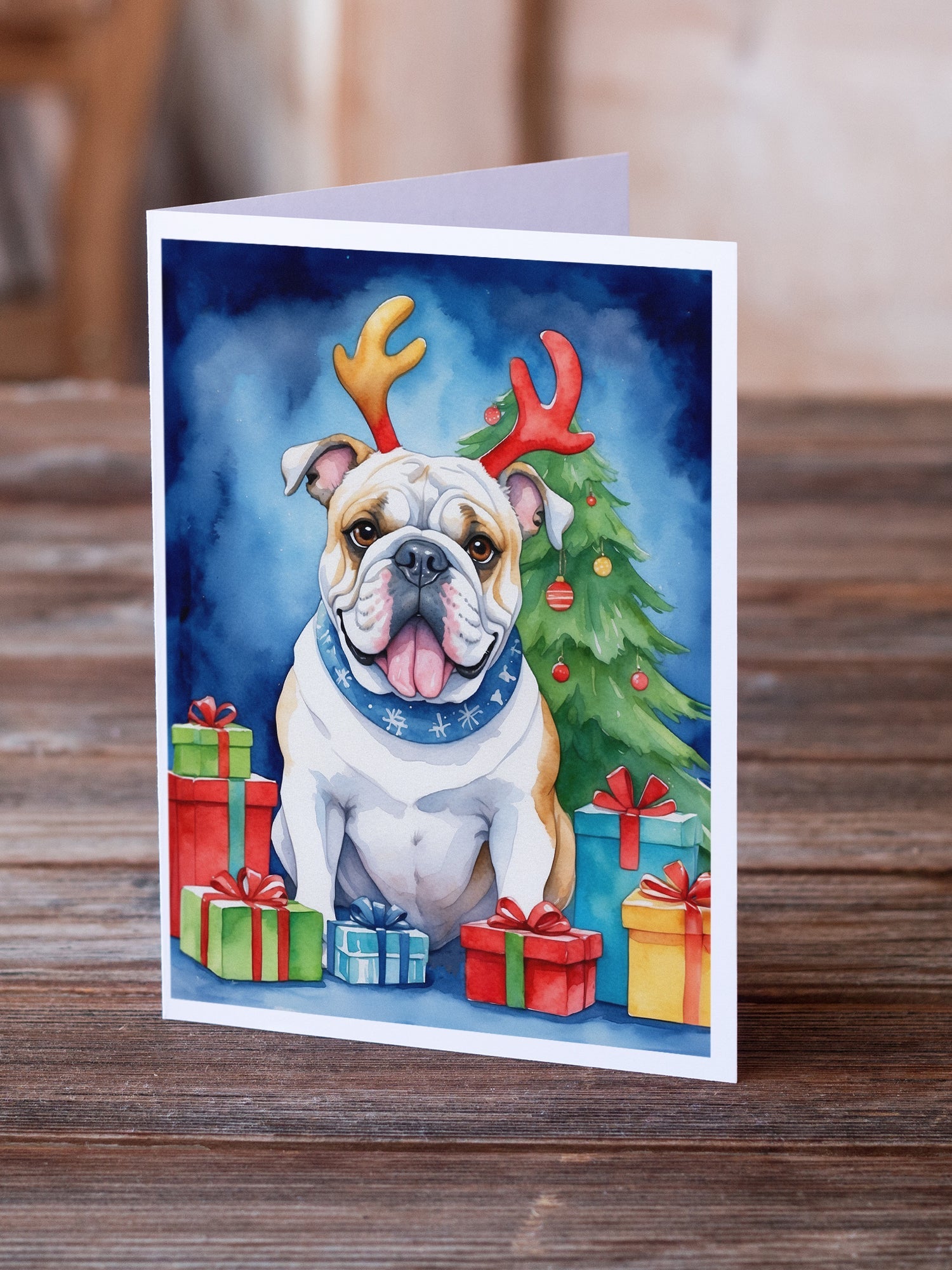 White English Bulldog Christmas Reindeer Greeting Cards Pack of 8 Blank Cards with Envelopes Whimsical A7 Size 5x7