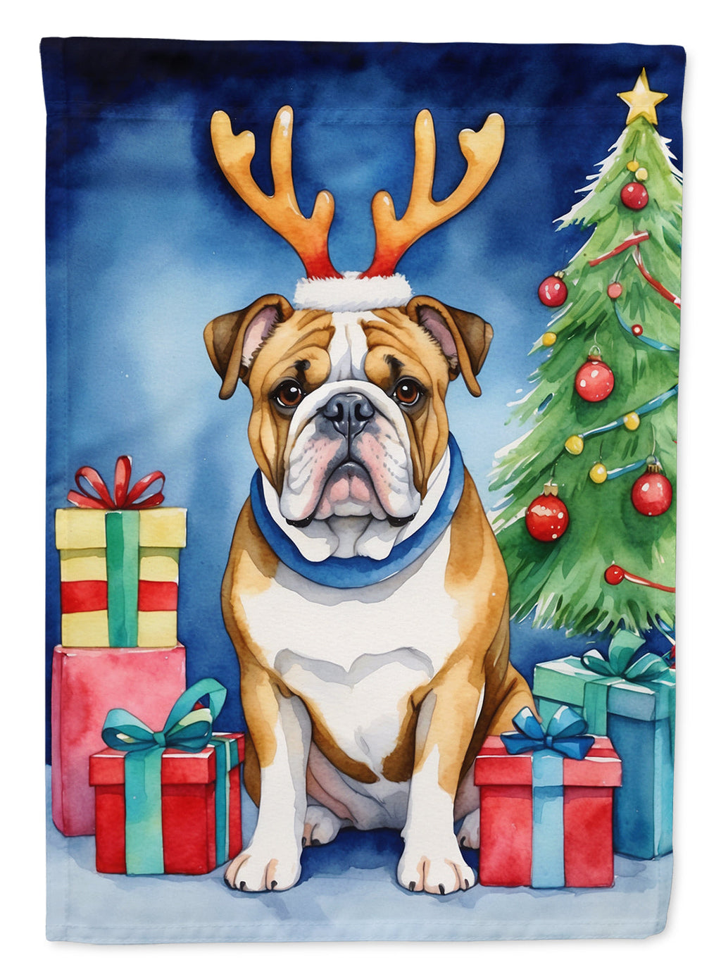 English Bulldog Christmas Reindeer House Flag 28x40 Porch Sleeve Pole Decorative Outside Yard Banner Artwork Wall Hanging, Polyester