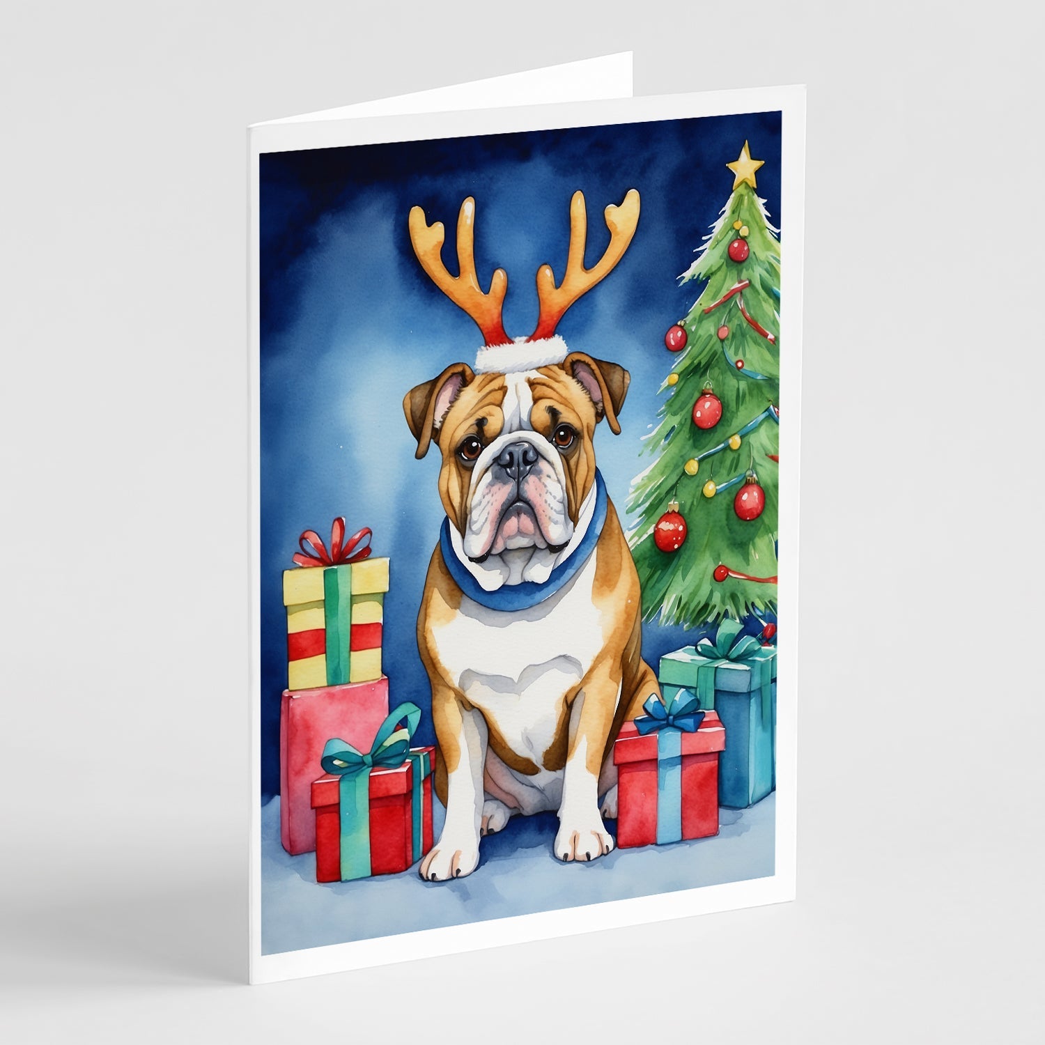 English Bulldog Christmas Reindeer Greeting Cards Pack of 8 Blank Cards with Envelopes Whimsical A7 Size 5x7