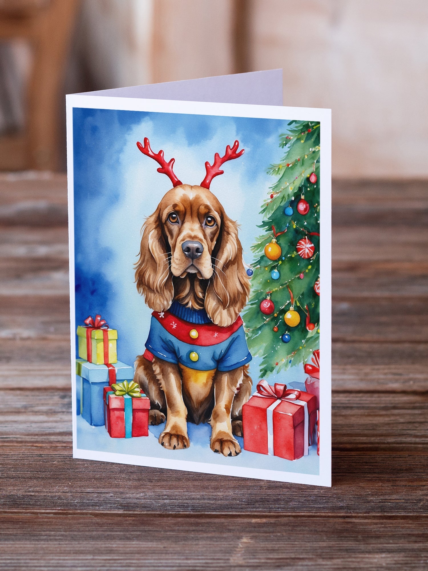 English Cocker Spaniel Christmas Reindeer Greeting Cards Pack of 8 Blank Cards with Envelopes Whimsical A7 Size 5x7