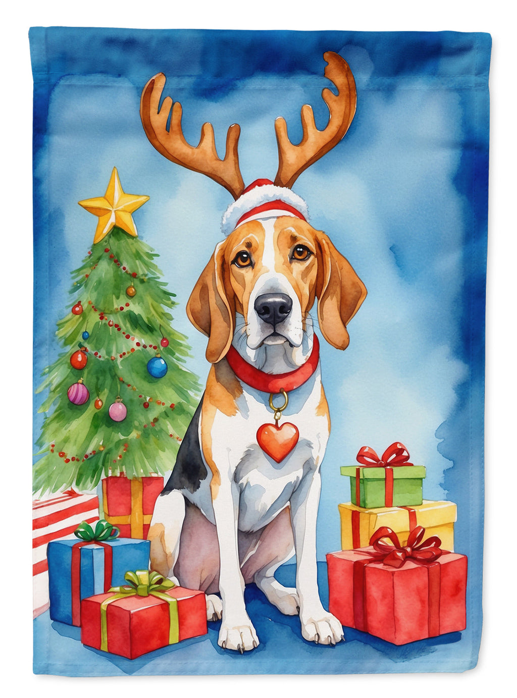 English Foxhound Christmas Reindeer House Flag 28x40 Porch Sleeve Pole Decorative Outside Yard Banner Artwork Wall Hanging, Polyester