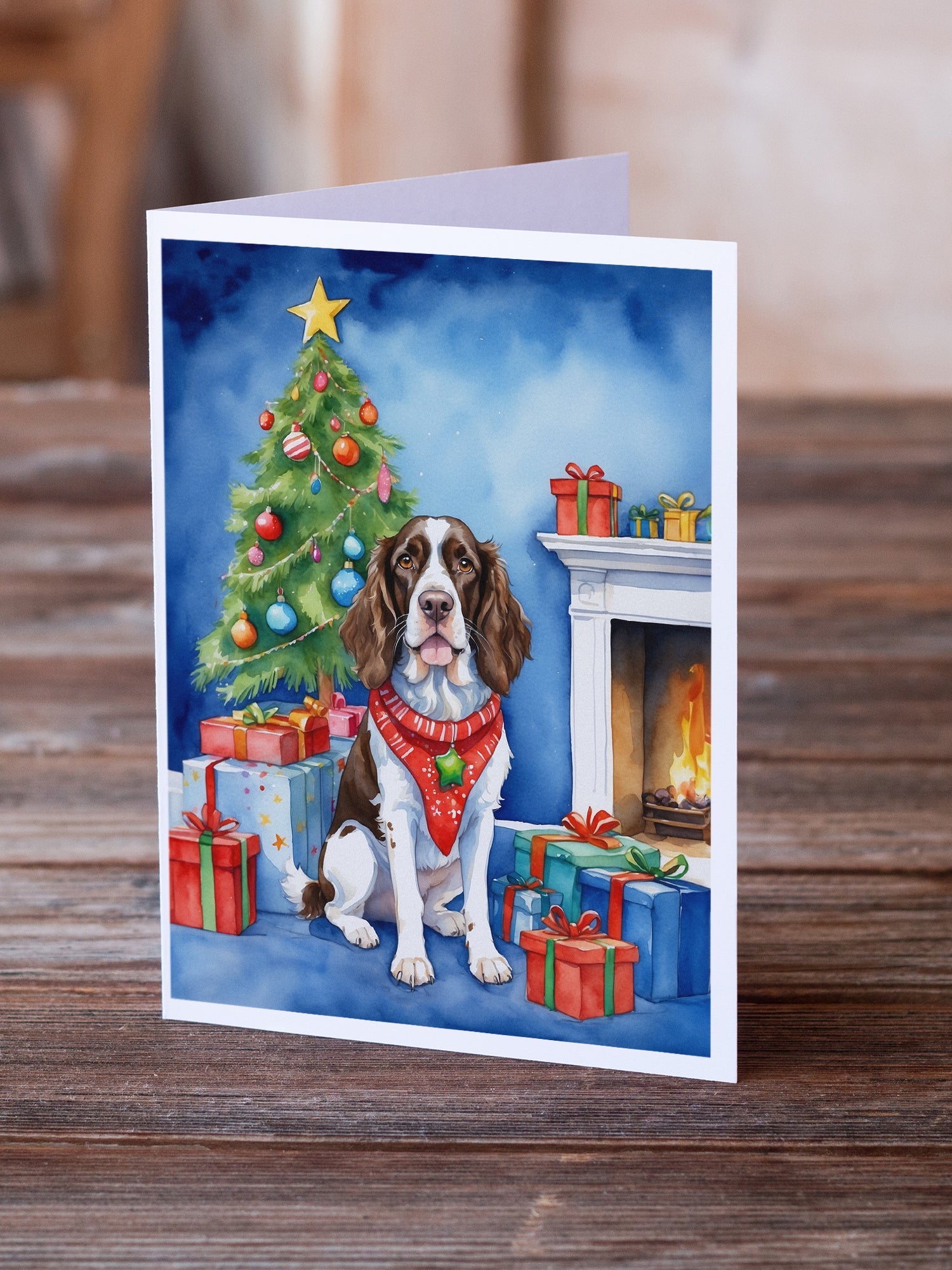English Springer Spaniel Christmas Reindeer Greeting Cards Pack of 8 Blank Cards with Envelopes Whimsical A7 Size 5x7