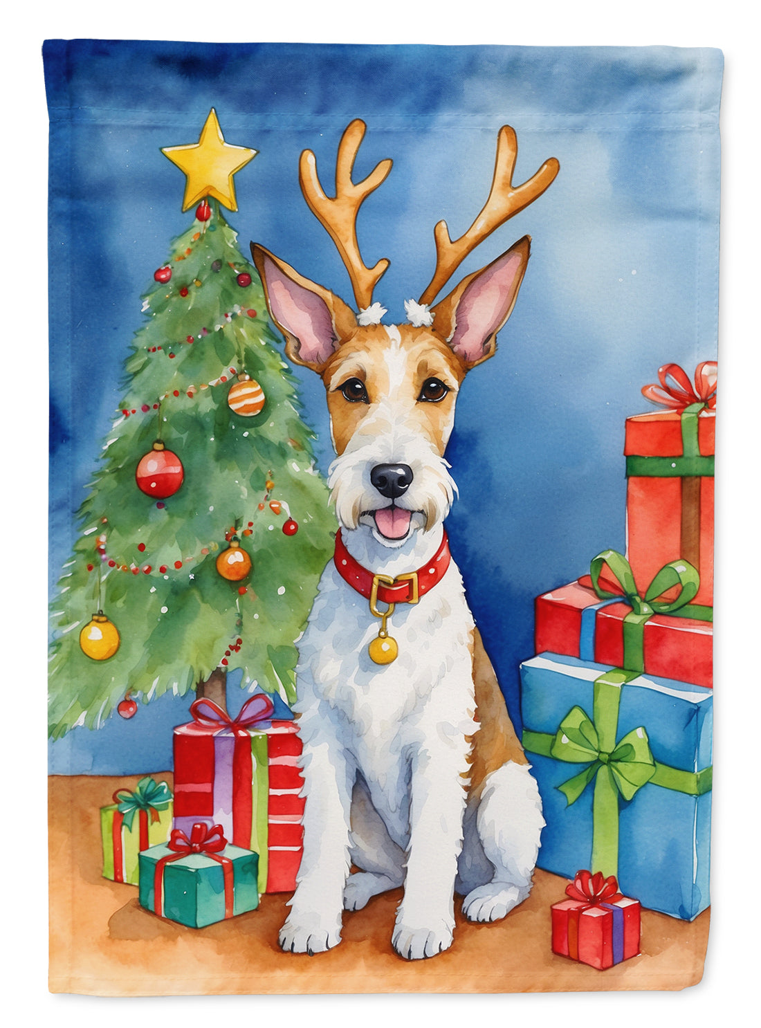 Fox Terrier Christmas Reindeer House Flag 28x40 Porch Sleeve Pole Decorative Outside Yard Banner Artwork Wall Hanging, Polyester