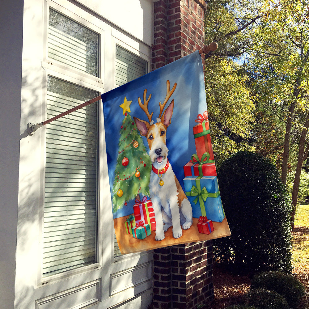 Fox Terrier Christmas Reindeer House Flag 28x40 Porch Sleeve Pole Decorative Outside Yard Banner Artwork Wall Hanging, Polyester