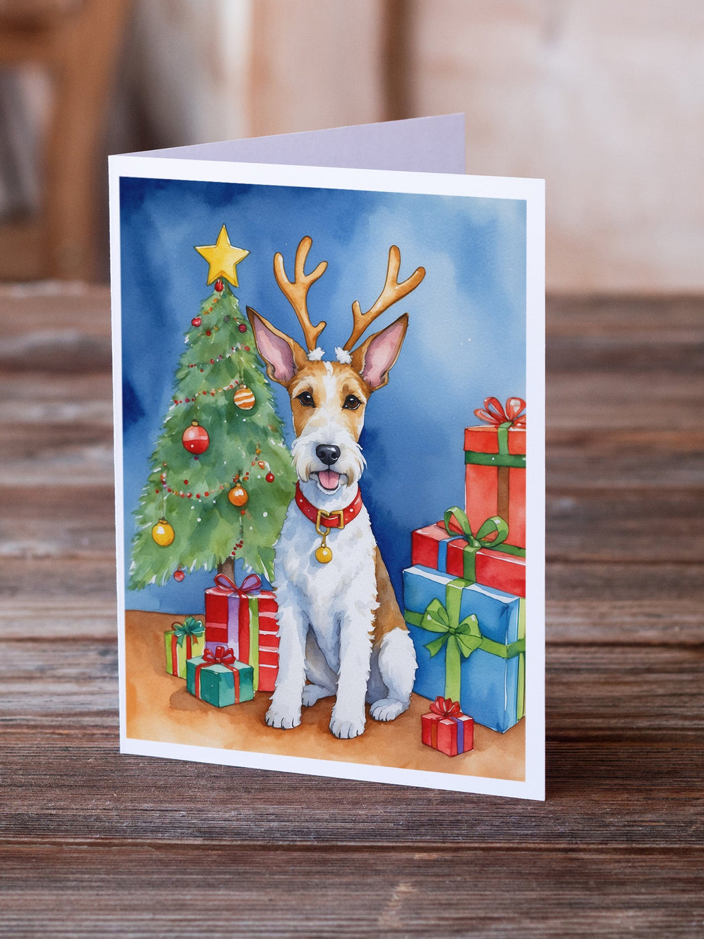 Fox Terrier Christmas Reindeer Greeting Cards Pack of 8 Blank Cards with Envelopes Whimsical A7 Size 5x7