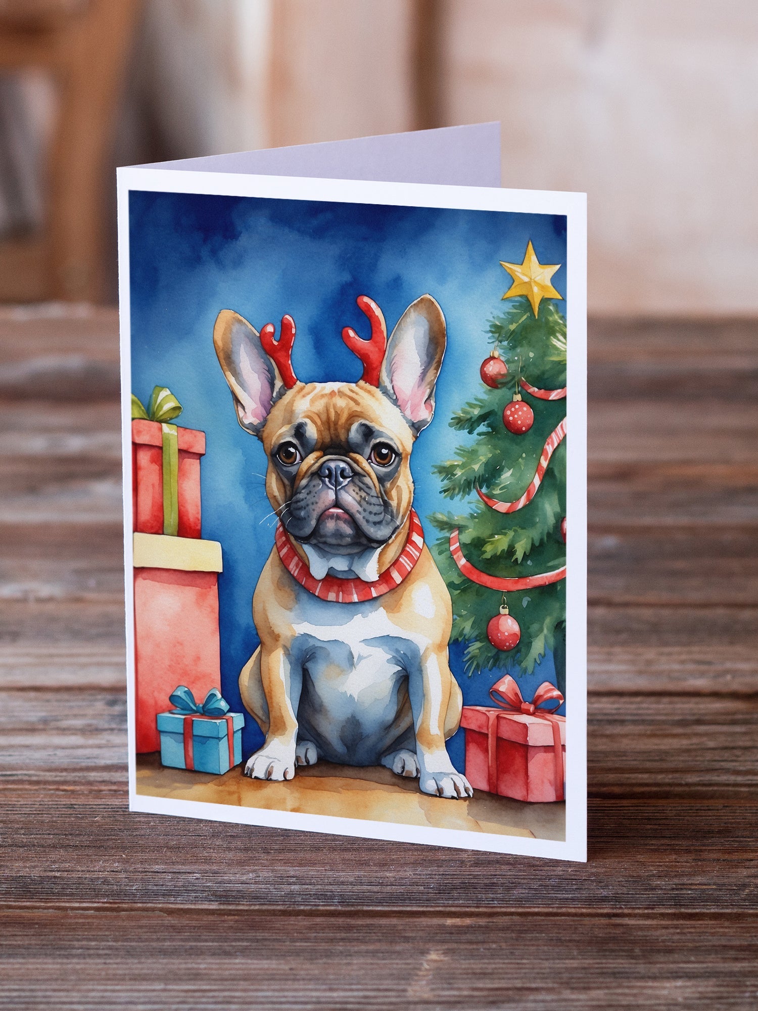 French Bulldog Christmas Reindeer Greeting Cards Pack of 8 Blank Cards with Envelopes Whimsical A7 Size 5x7