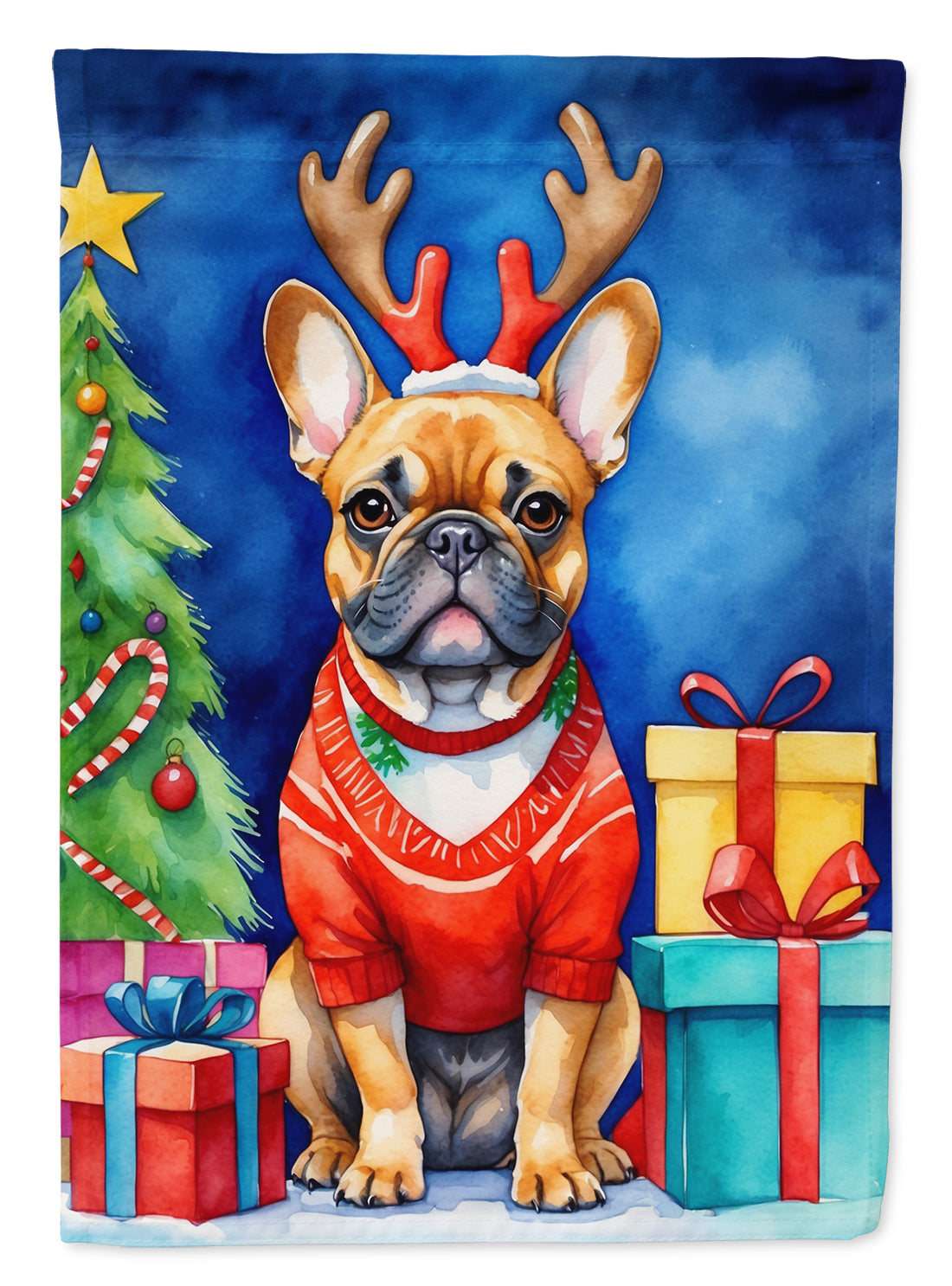 French Bulldog Christmas Reindeer House Flag 28x40 Porch Sleeve Pole Decorative Outside Yard Banner Artwork Wall Hanging, Polyester
