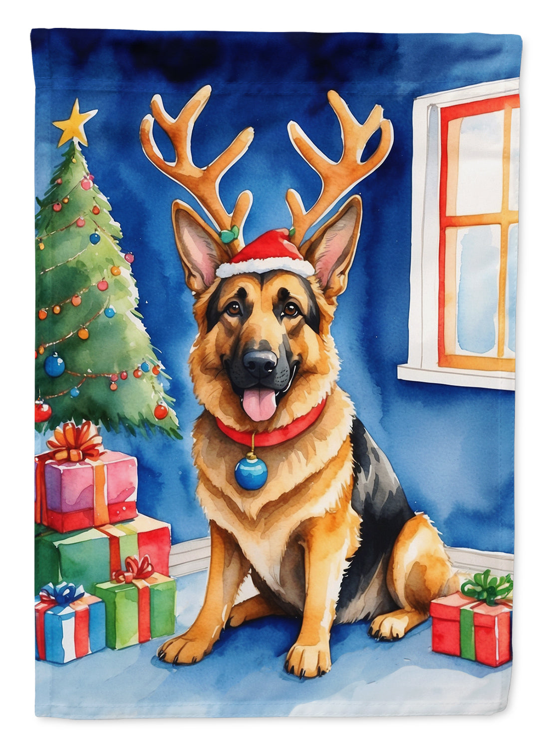 German Shepherd Christmas Reindeer House Flag 28x40 Porch Sleeve Pole Decorative Outside Yard Banner Artwork Wall Hanging, Polyester