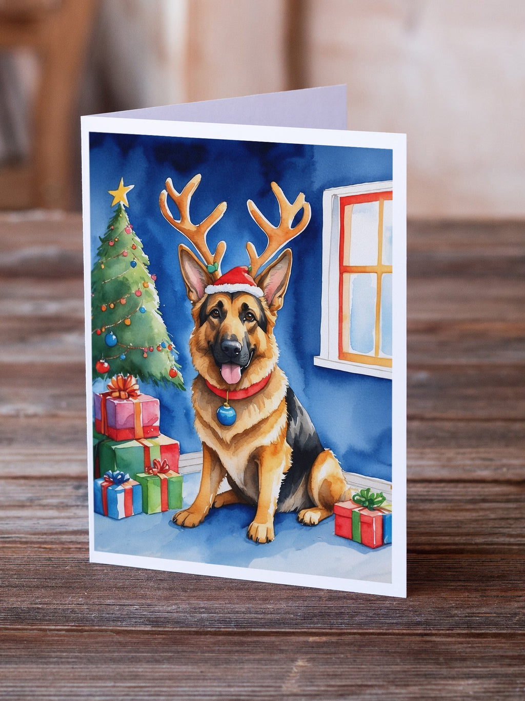 German Shepherd Christmas Reindeer Greeting Cards Pack of 8 Blank Cards with Envelopes Whimsical A7 Size 5x7