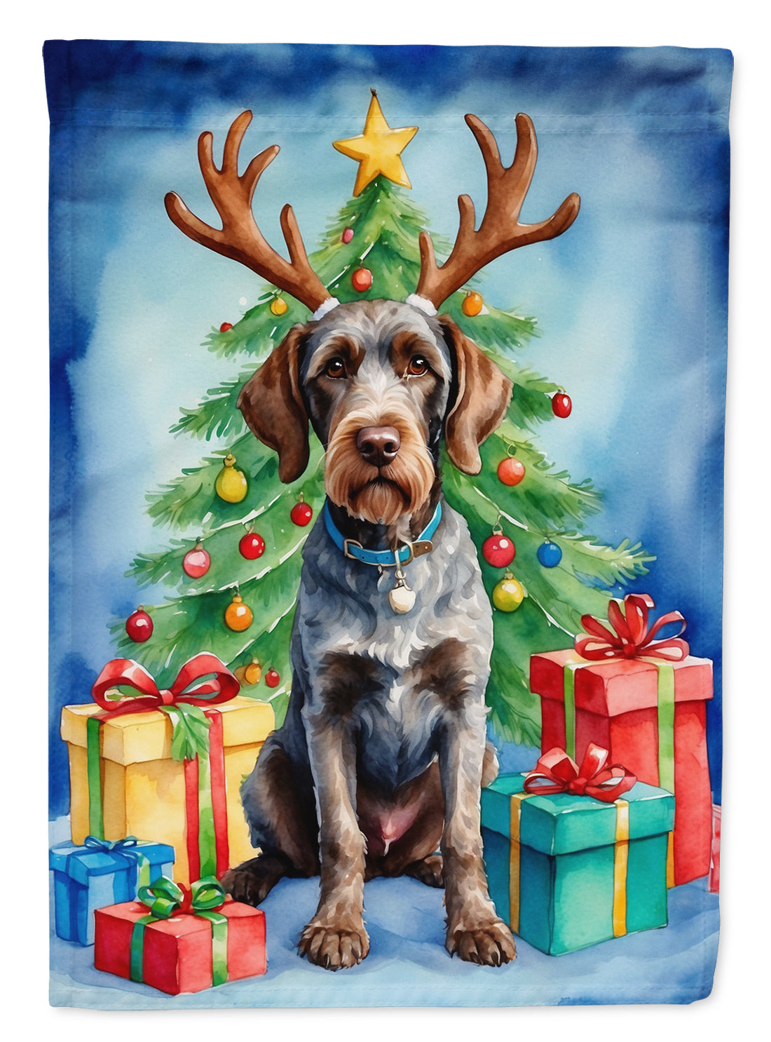 German Wirehaired Pointer Christmas Reindeer House Flag 28x40 Porch Sleeve Pole Decorative Outside Yard Banner Artwork Wall Hanging, Polyester