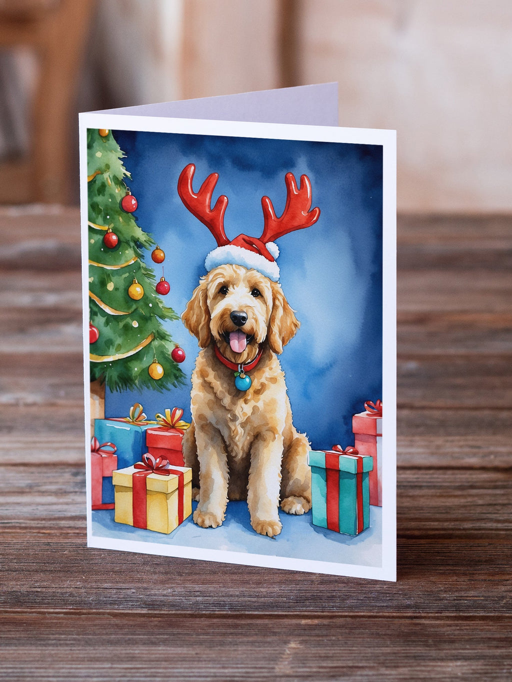 Goldendoodle Christmas Reindeer Greeting Cards Pack of 8 Blank Cards with Envelopes Whimsical A7 Size 5x7