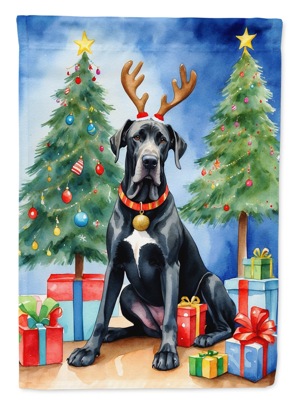 Black Great Dane Christmas Reindeer House Flag 28x40 Porch Sleeve Pole Decorative Outside Yard Banner Artwork Wall Hanging, Polyester