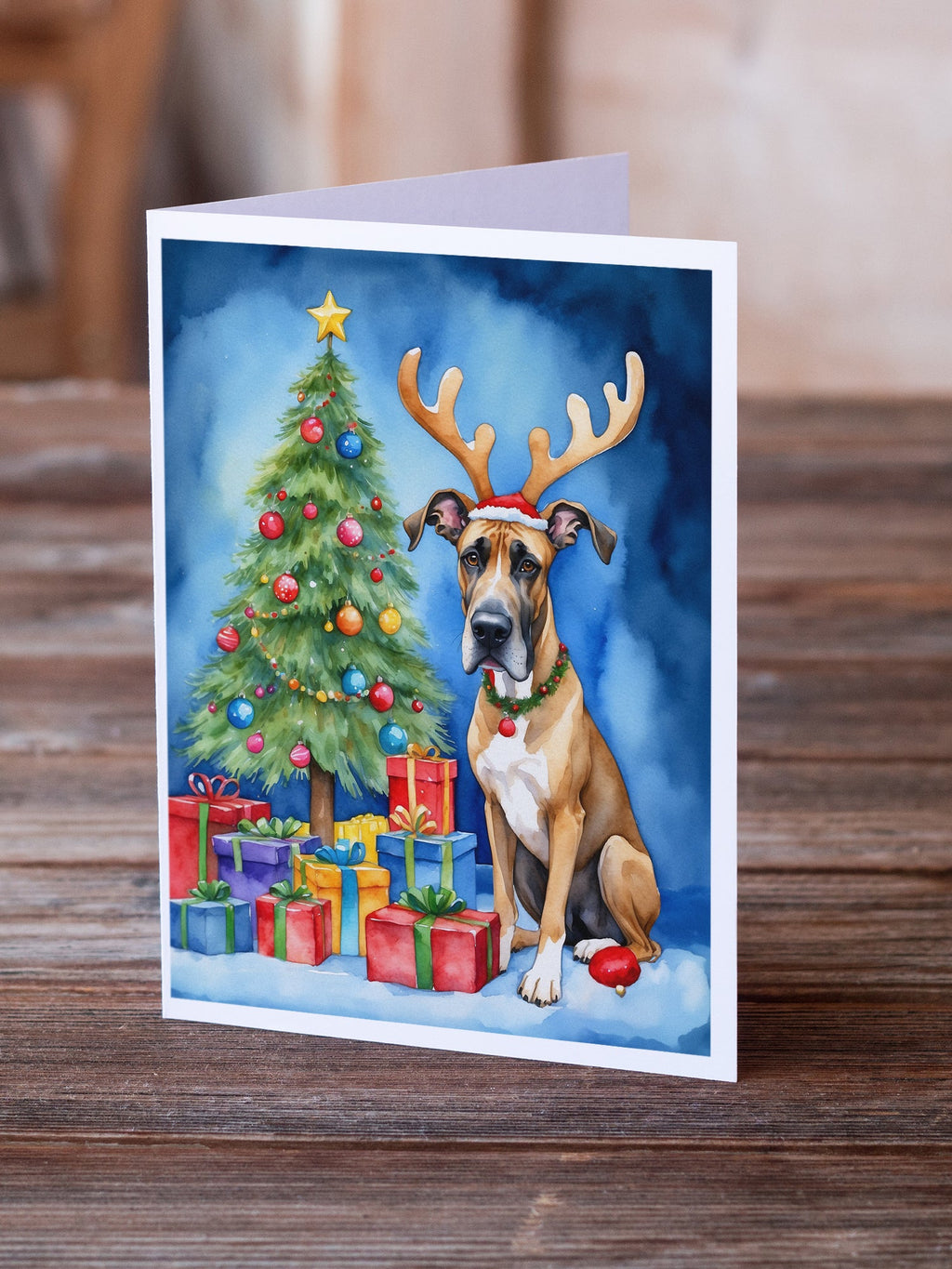 Great Dane Christmas Reindeer Greeting Cards Pack of 8 Blank Cards with Envelopes Whimsical A7 Size 5x7