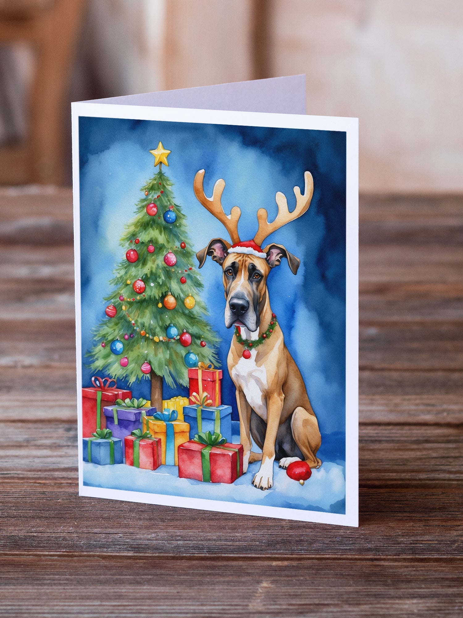 Great Dane Christmas Reindeer Greeting Cards Pack of 8 Blank Cards with Envelopes Whimsical A7 Size 5x7