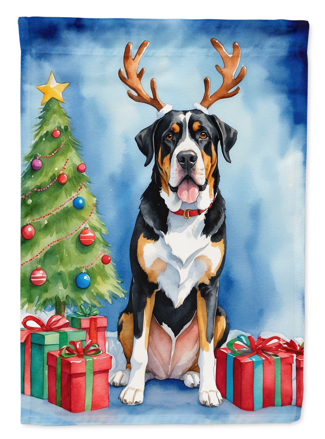 Greater Swiss Mountain Dog Christmas Reindeer House Flag 28x40 Porch Sleeve Pole Decorative Outside Yard Banner Artwork Wall Hanging, Polyester