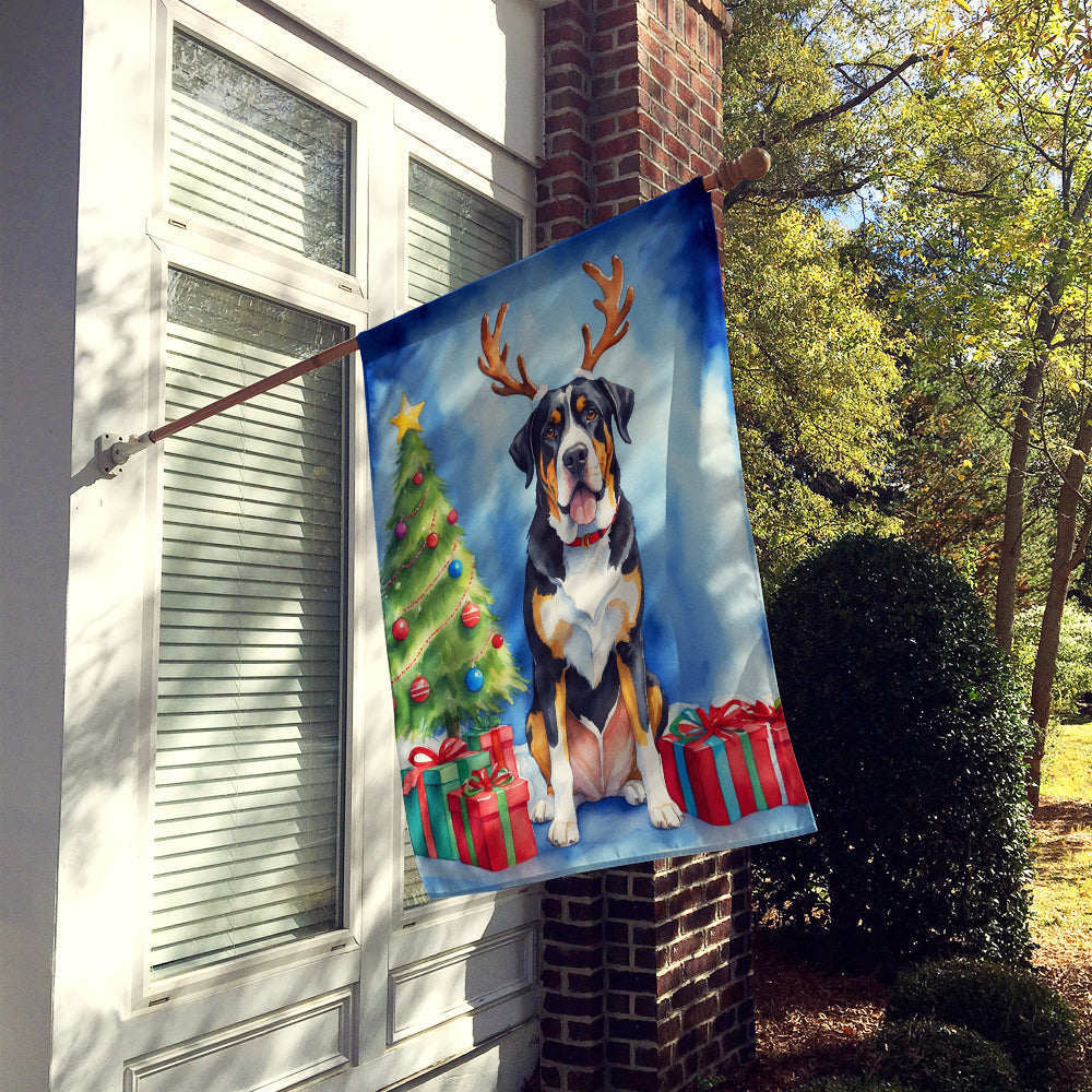 Greater Swiss Mountain Dog Christmas Reindeer House Flag 28x40 Porch Sleeve Pole Decorative Outside Yard Banner Artwork Wall Hanging, Polyester