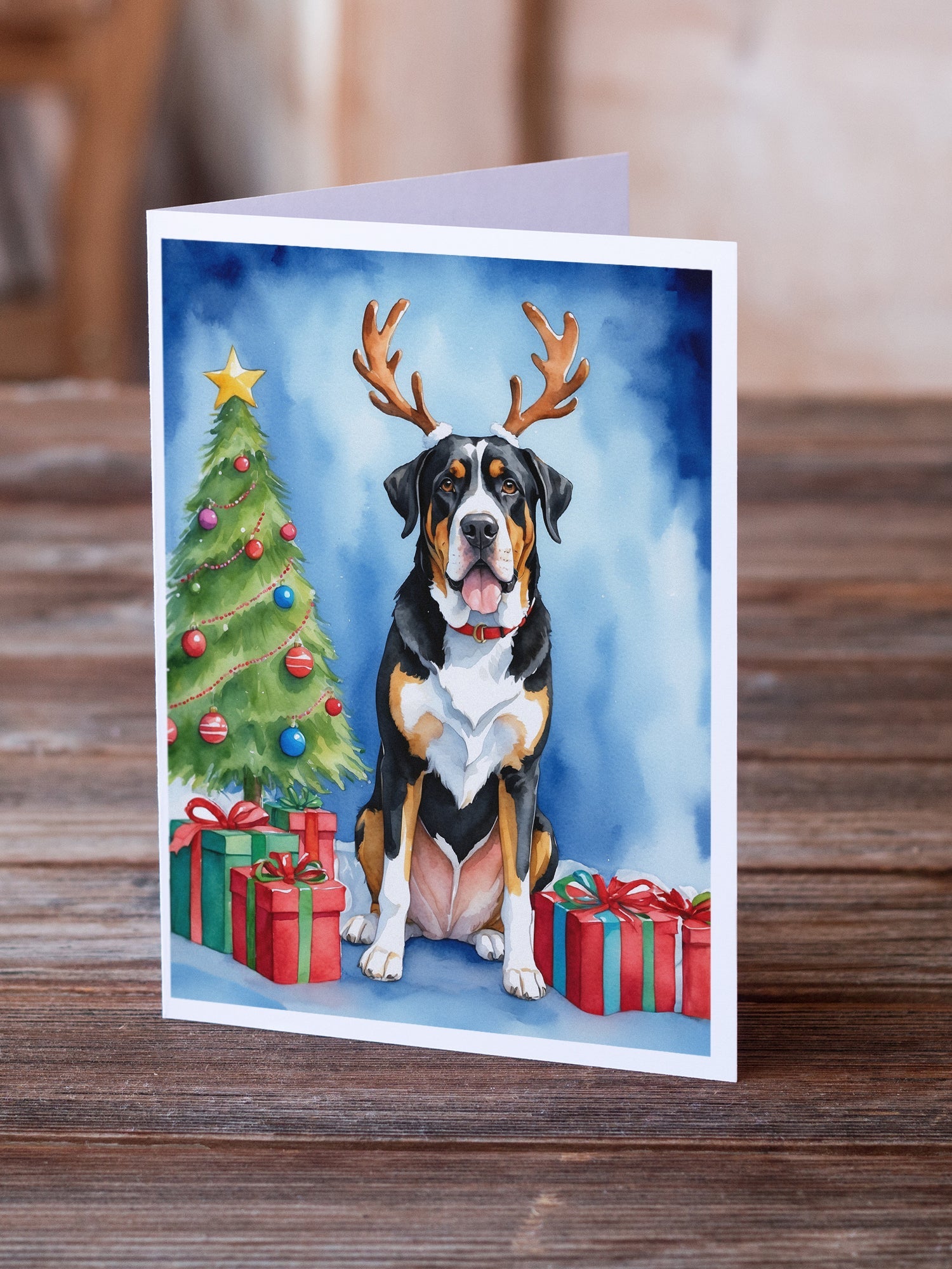 Greater Swiss Mountain Dog Christmas Reindeer Greeting Cards Pack of 8 Blank Cards with Envelopes Whimsical A7 Size 5x7