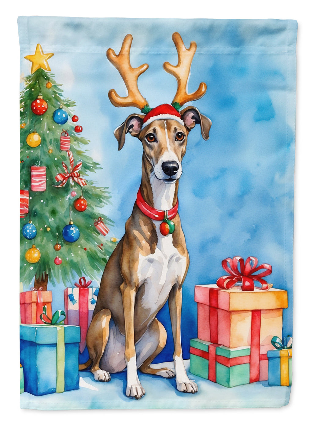 Brindle Greyhound Christmas Reindeer House Flag 28x40 Porch Sleeve Pole Decorative Outside Yard Banner Artwork Wall Hanging, Polyester