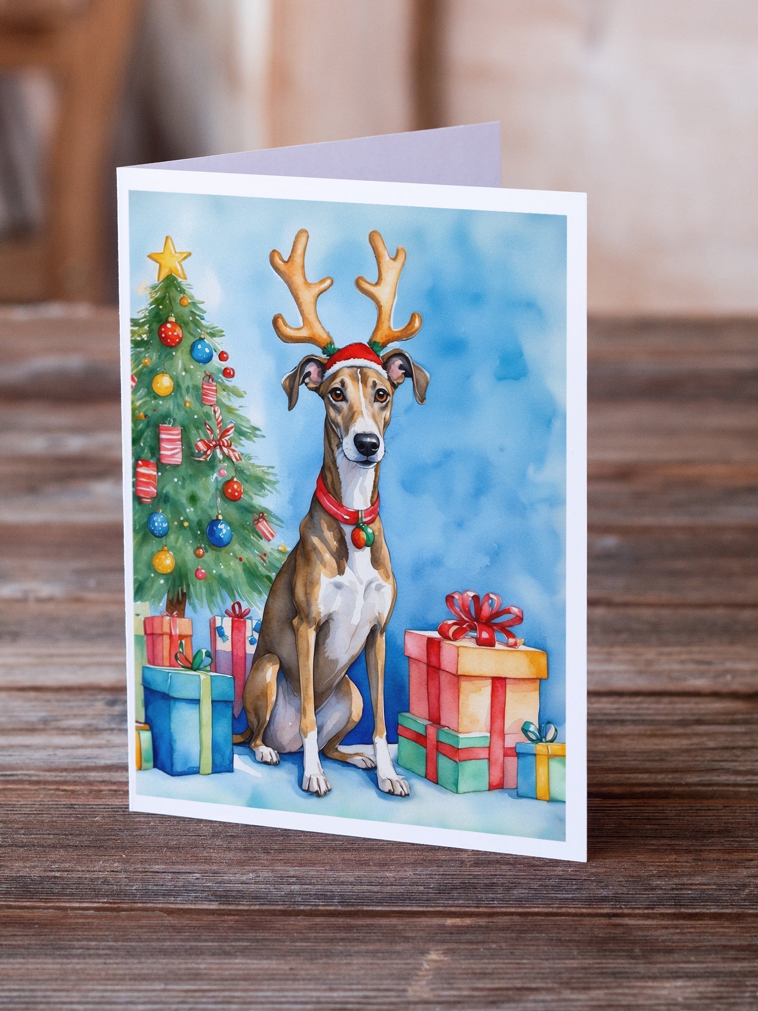 Brindle Greyhound Christmas Reindeer Greeting Cards Pack of 8 Blank Cards with Envelopes Whimsical A7 Size 5x7