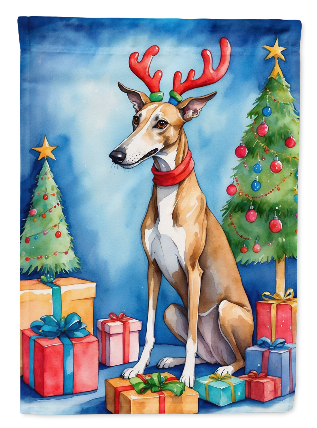 Greyhound Christmas Reindeer House Flag 28x40 Porch Sleeve Pole Decorative Outside Yard Banner Artwork Wall Hanging, Polyester