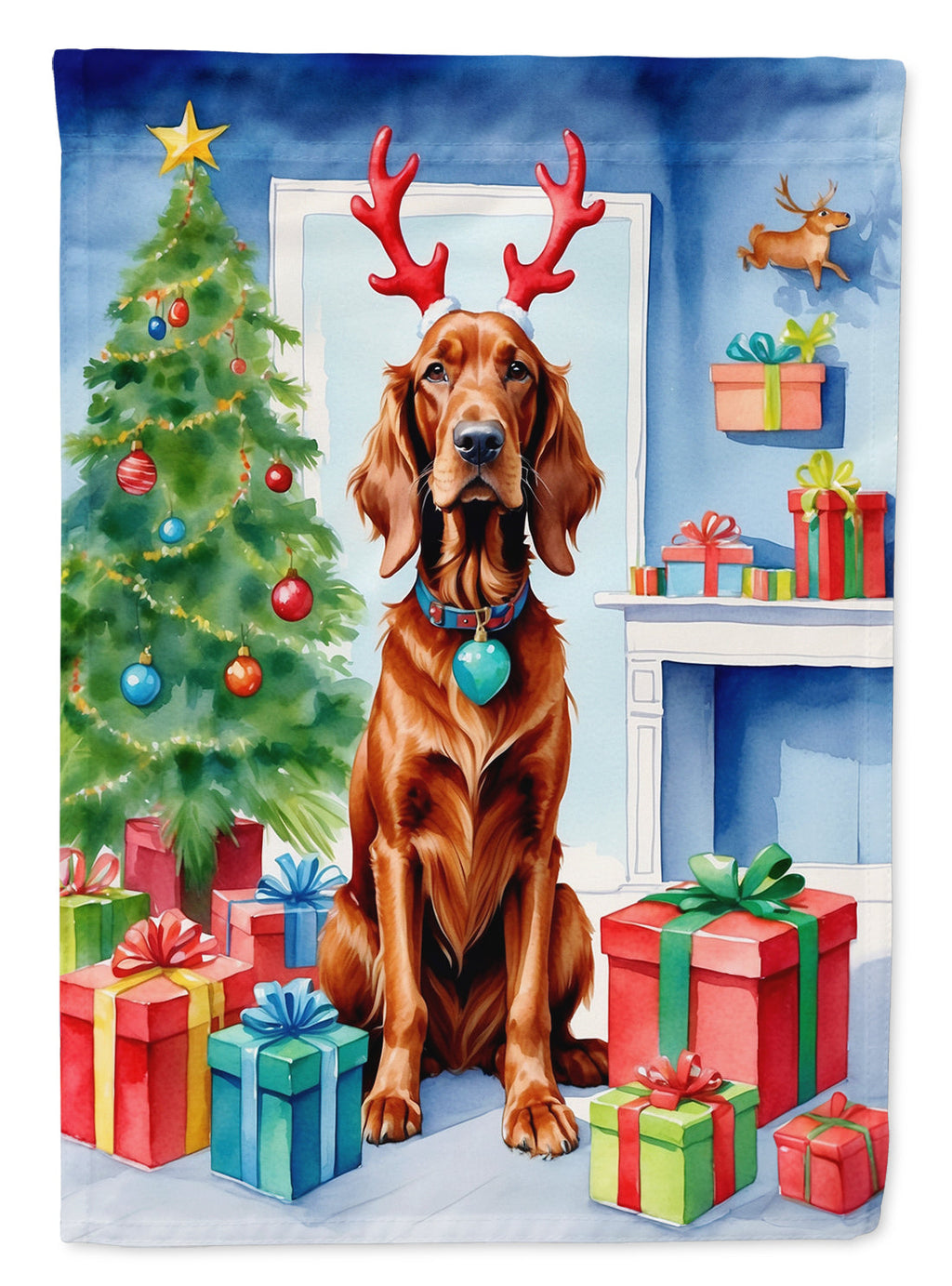 Irish Setter Christmas Reindeer House Flag 28x40 Porch Sleeve Pole Decorative Outside Yard Banner Artwork Wall Hanging, Polyester