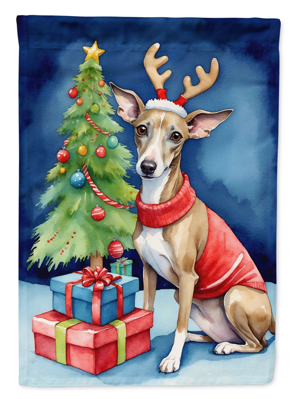 Italian Greyhound Christmas Reindeer House Flag 28x40 Porch Sleeve Pole Decorative Outside Yard Banner Artwork Wall Hanging, Polyester