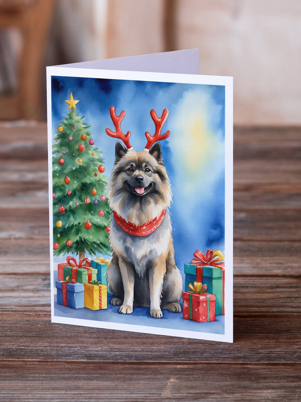 Keeshond Christmas Reindeer Greeting Cards Pack of 8 Blank Cards with Envelopes Whimsical A7 Size 5x7