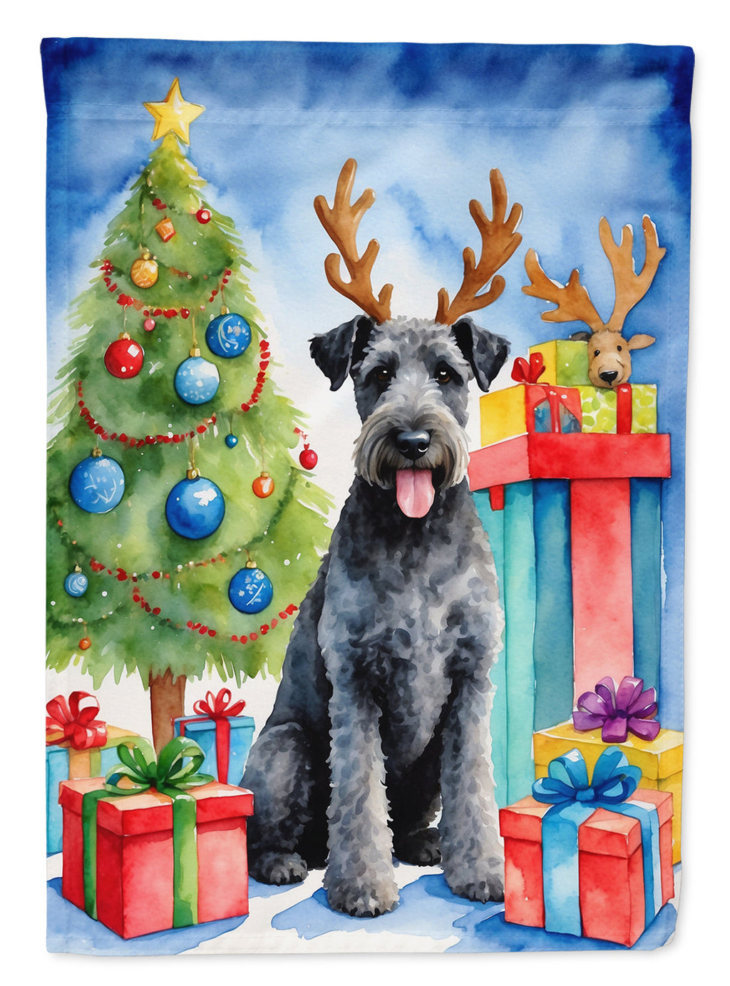 Kerry Blue Terrier Christmas Reindeer House Flag 28x40 Porch Sleeve Pole Decorative Outside Yard Banner Artwork Wall Hanging, Polyester
