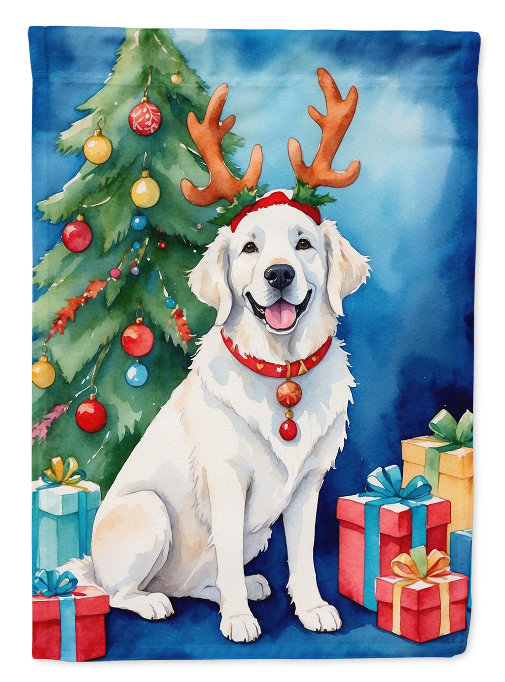 Kuvasz Christmas Reindeer House Flag 28x40 Porch Sleeve Pole Decorative Outside Yard Banner Artwork Wall Hanging, Polyester