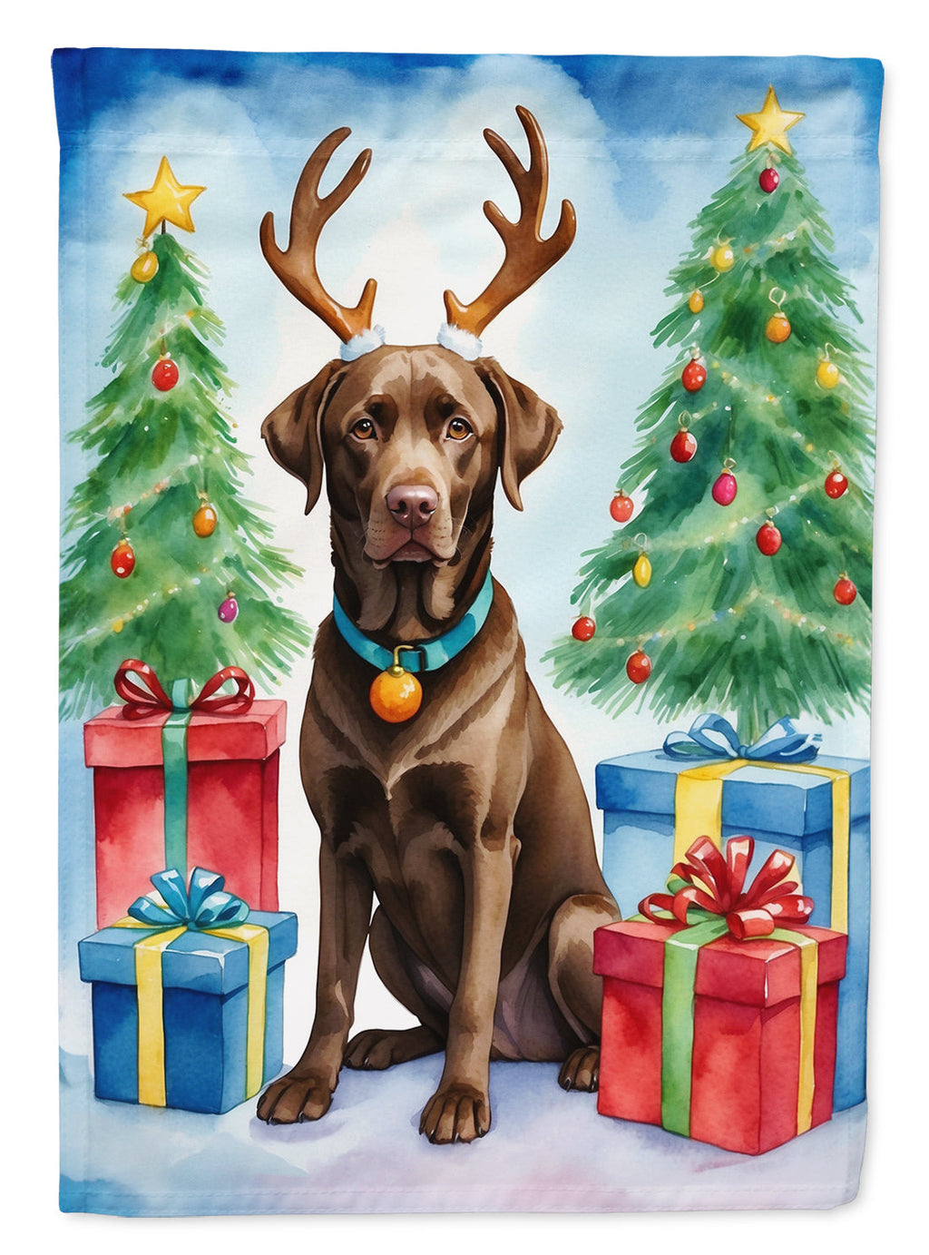 Chocolate Labrador Retriever Christmas Reindeer House Flag 28x40 Porch Sleeve Pole Decorative Outside Yard Banner Artwork Wall Hanging, Polyester
