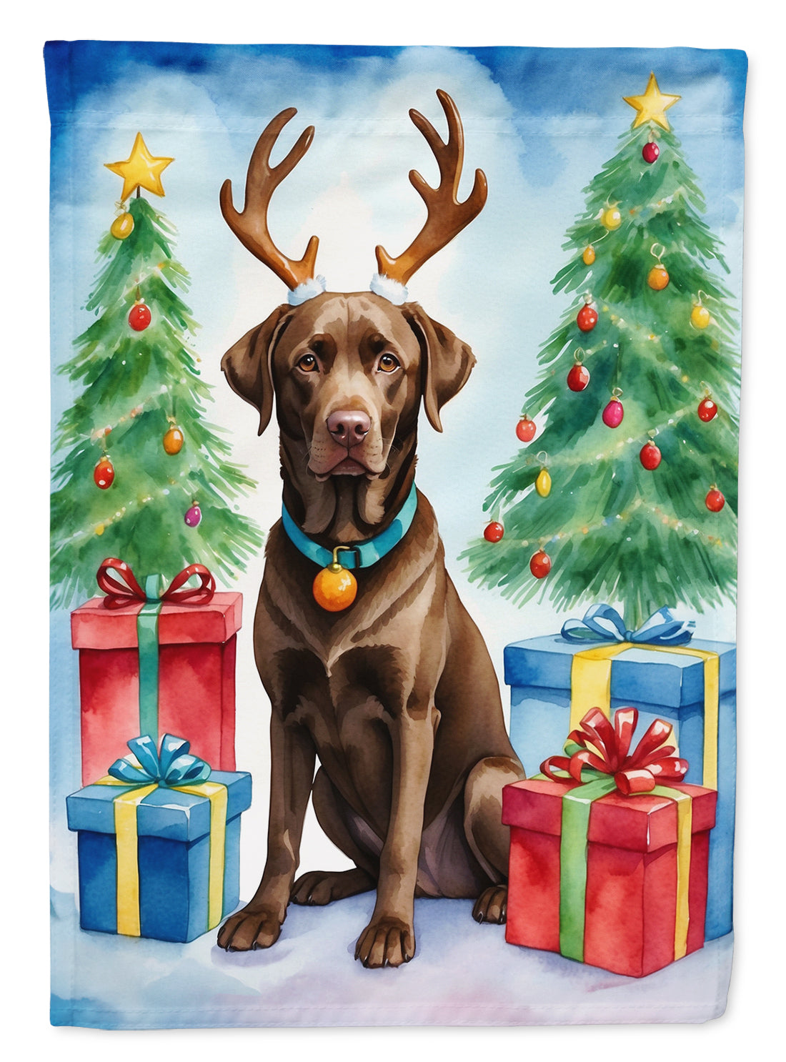 Chocolate Labrador Retriever Christmas Reindeer House Flag 28x40 Porch Sleeve Pole Decorative Outside Yard Banner Artwork Wall Hanging, Polyester