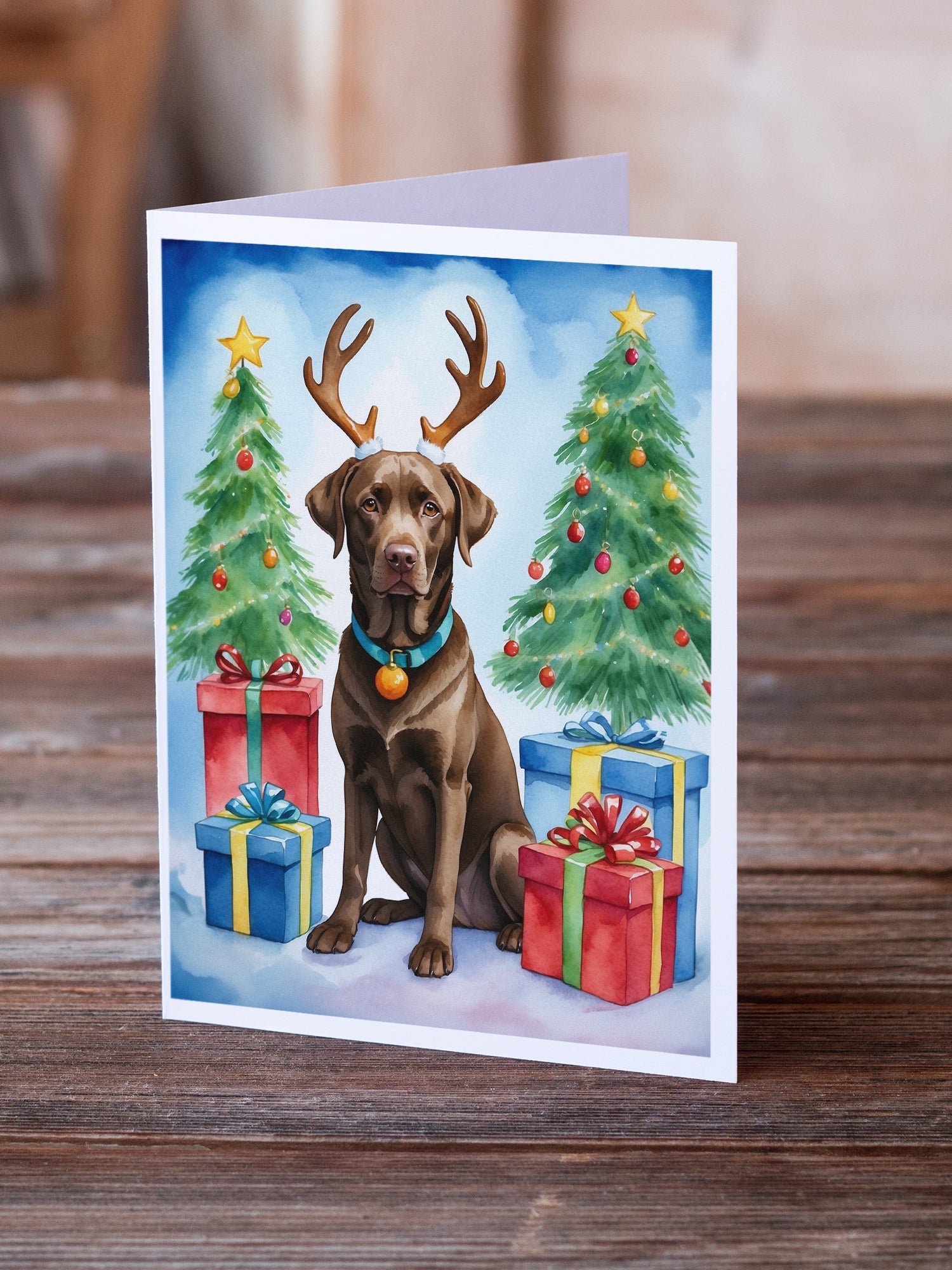 Chocolate Labrador Retriever Christmas Reindeer Greeting Cards Pack of 8 Blank Cards with Envelopes Whimsical A7 Size 5x7