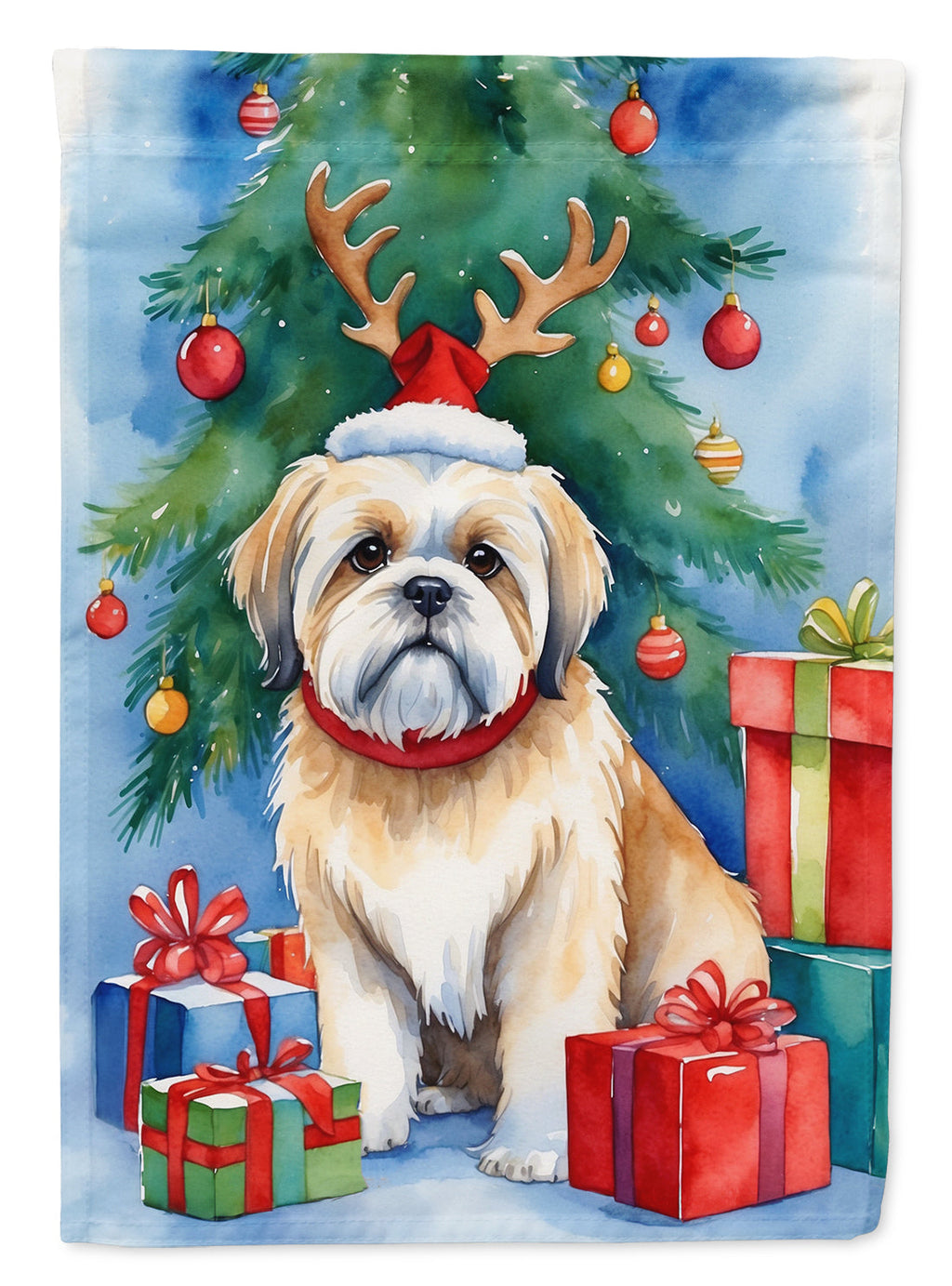 Lhasa Apso Christmas Reindeer House Flag 28x40 Porch Sleeve Pole Decorative Outside Yard Banner Artwork Wall Hanging, Polyester