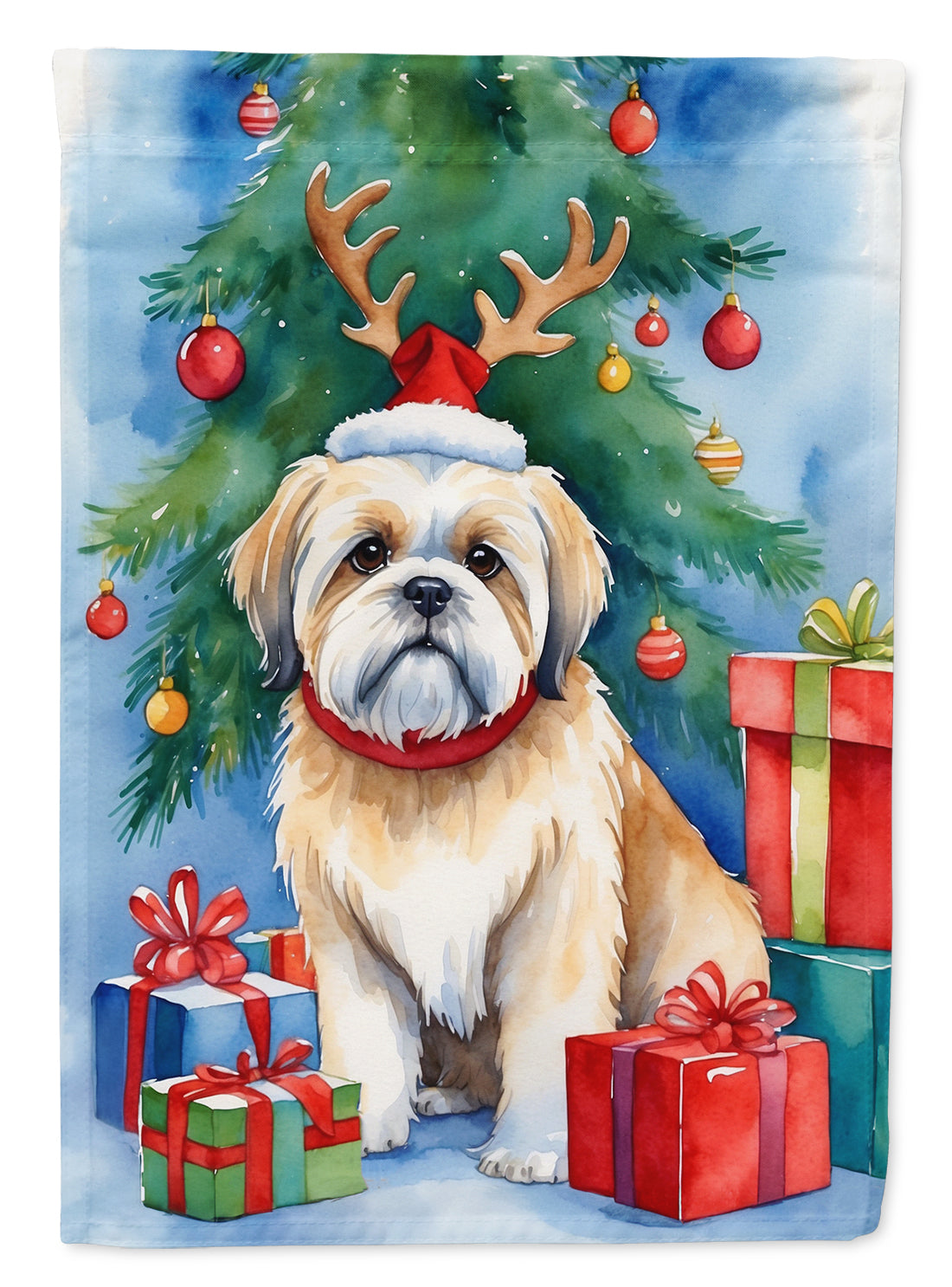Lhasa Apso Christmas Reindeer House Flag 28x40 Porch Sleeve Pole Decorative Outside Yard Banner Artwork Wall Hanging, Polyester