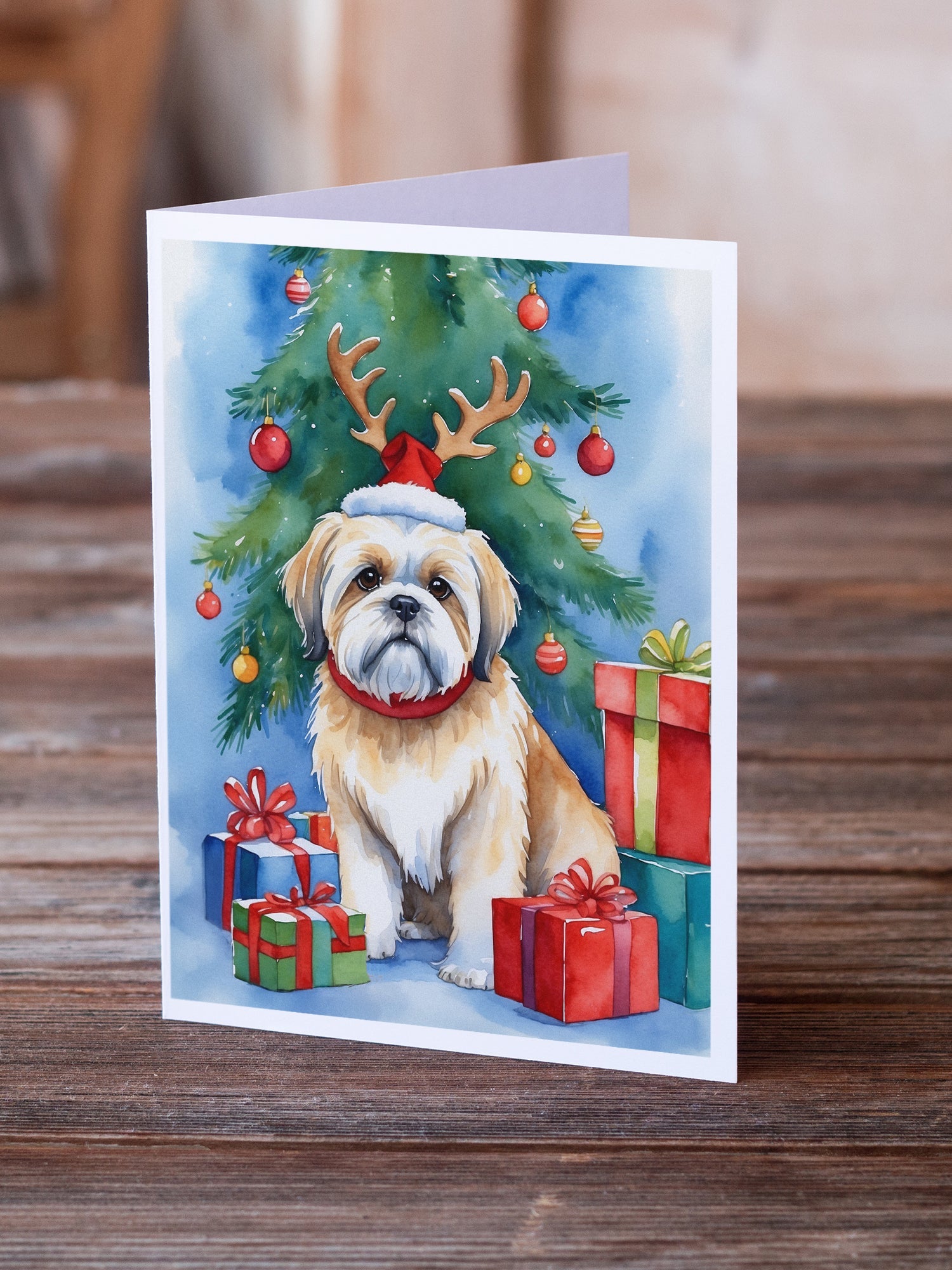 Lhasa Apso Christmas Reindeer Greeting Cards Pack of 8 Blank Cards with Envelopes Whimsical A7 Size 5x7