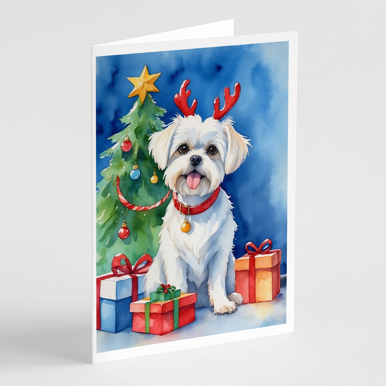 Maltese Christmas Reindeer Greeting Cards Pack of 8 Blank Cards with Envelopes Whimsical A7 Size 5x7