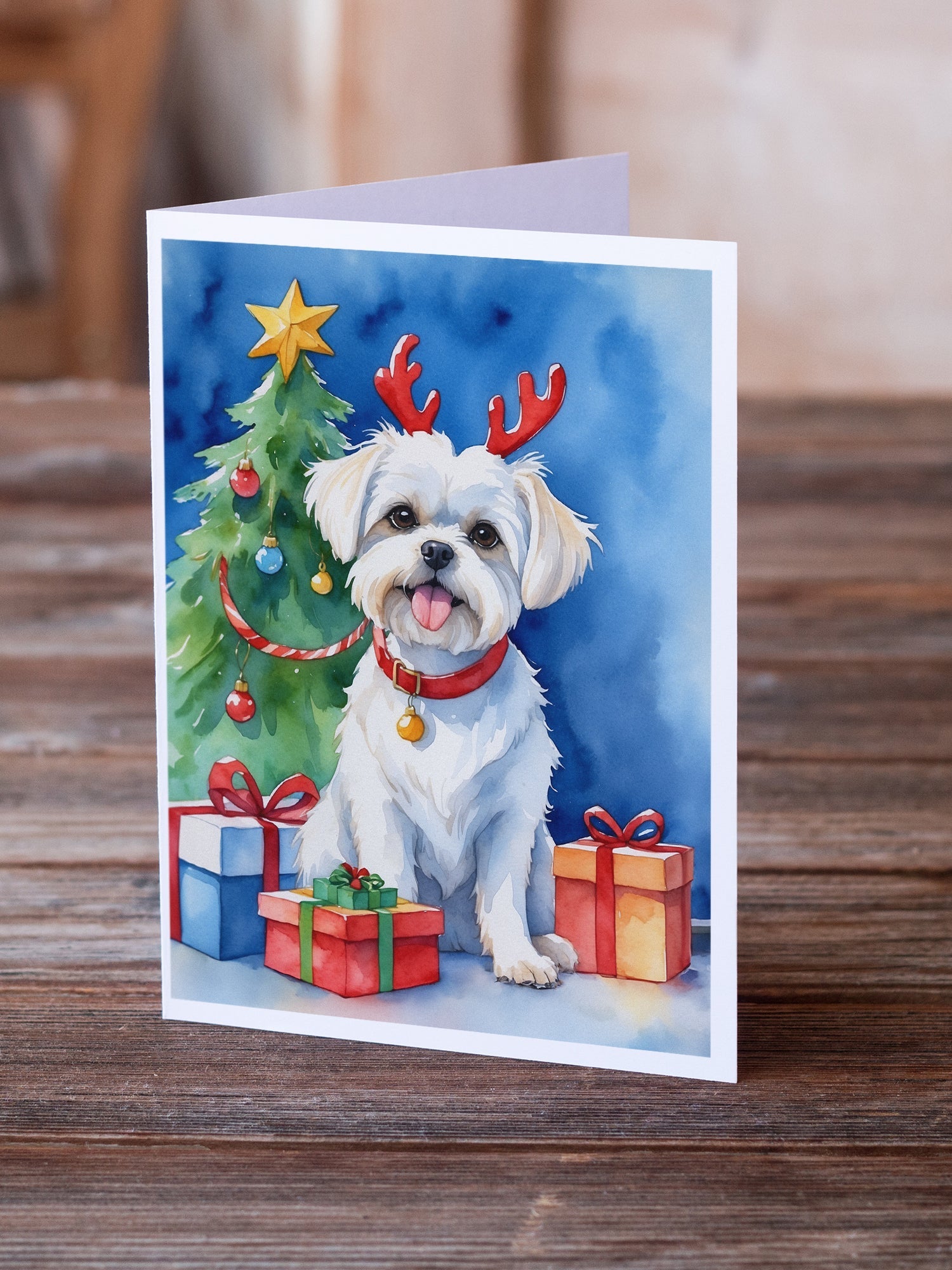 Maltese Christmas Reindeer Greeting Cards Pack of 8 Blank Cards with Envelopes Whimsical A7 Size 5x7