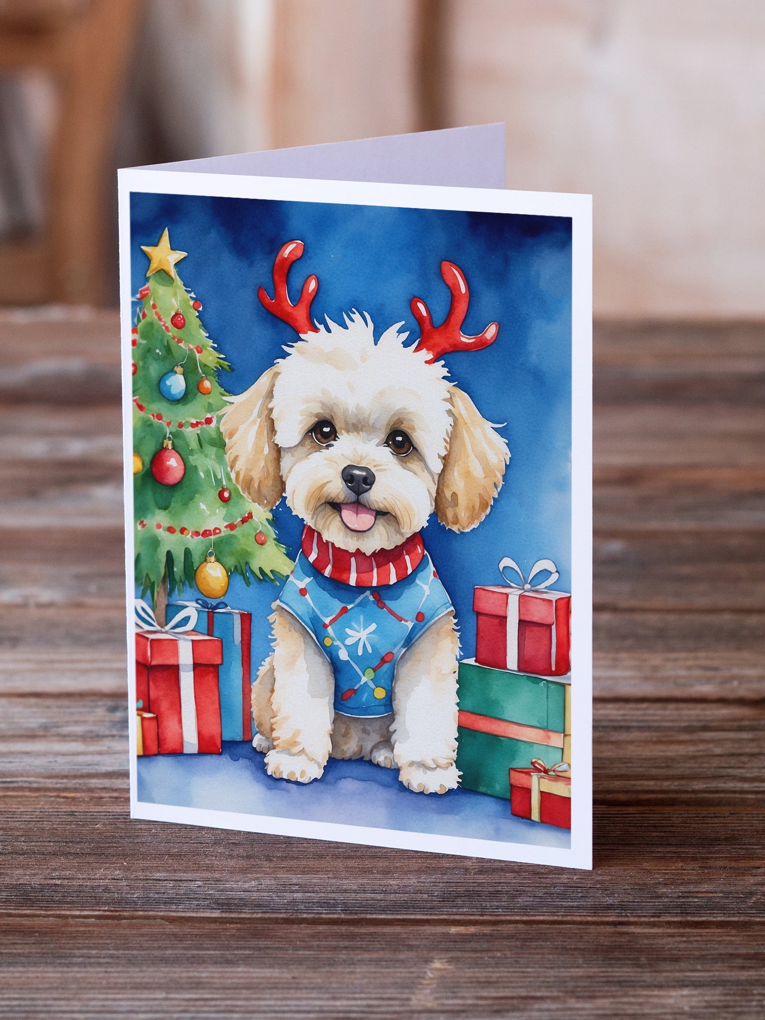 Maltipoo Christmas Reindeer Greeting Cards Pack of 8 Blank Cards with Envelopes Whimsical A7 Size 5x7