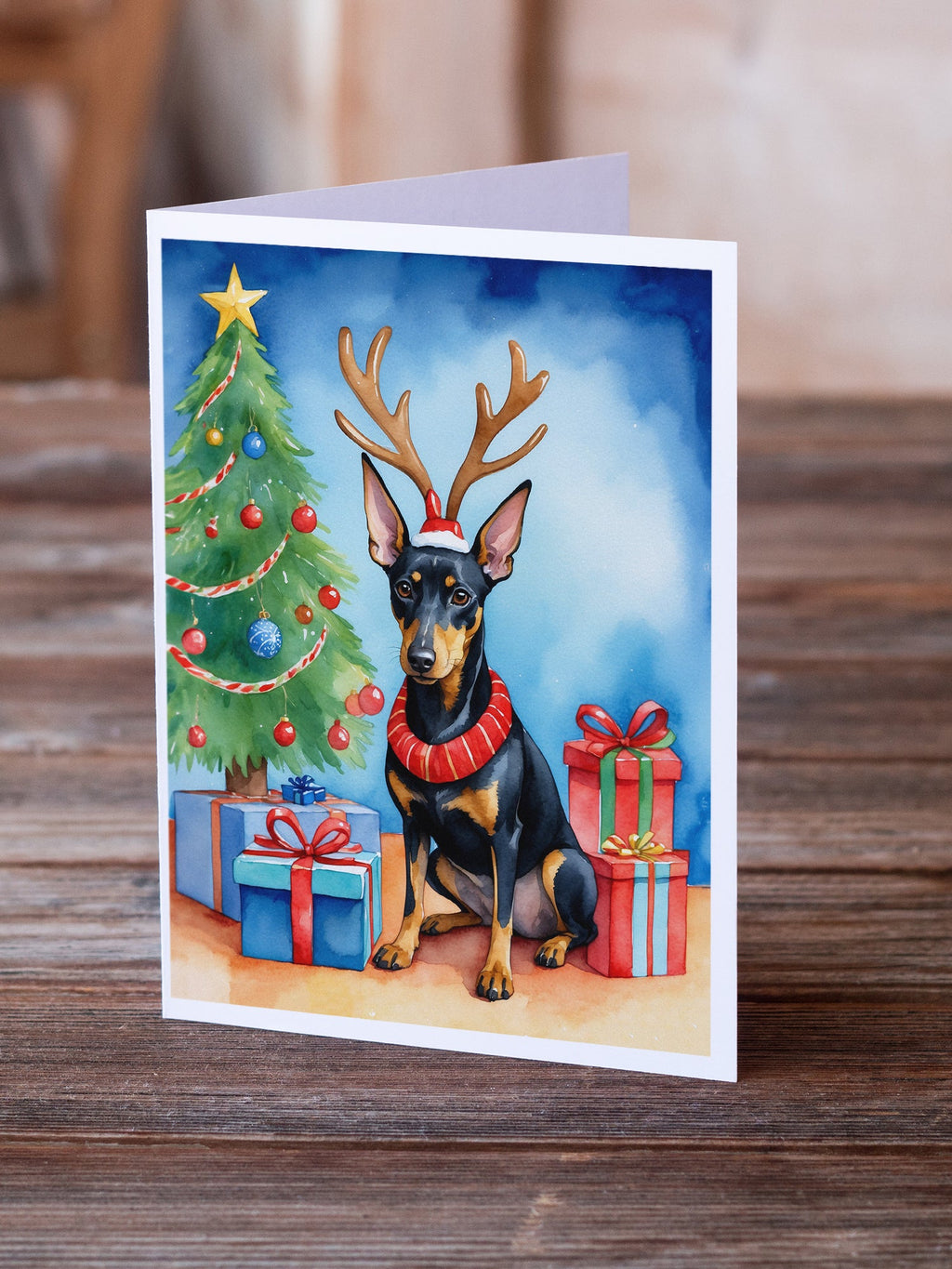 Manchester Terrier Christmas Reindeer Greeting Cards Pack of 8 Blank Cards with Envelopes Whimsical A7 Size 5x7
