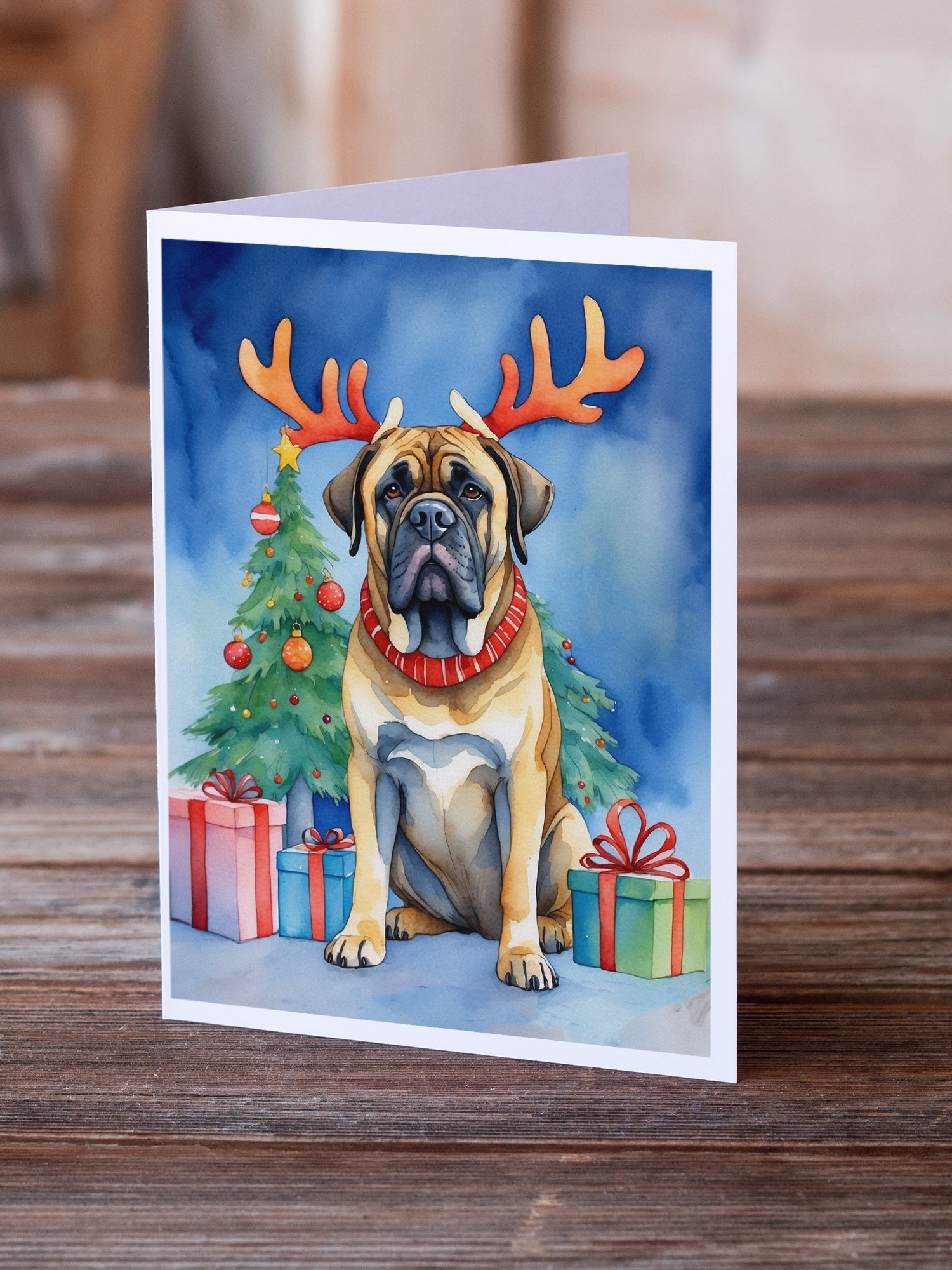 Mastiff Christmas Reindeer Greeting Cards Pack of 8 Blank Cards with Envelopes Whimsical A7 Size 5x7