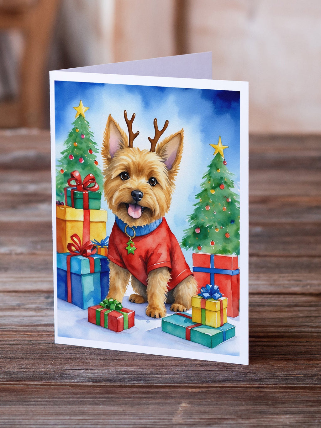Norwich Terrier Christmas Reindeer Greeting Cards Pack of 8 Blank Cards with Envelopes Whimsical A7 Size 5x7