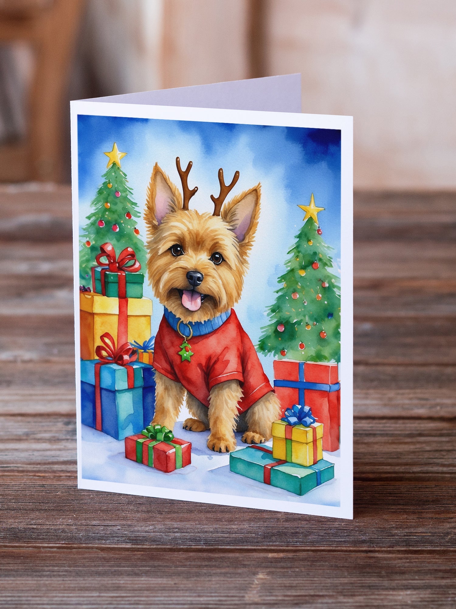 Norwich Terrier Christmas Reindeer Greeting Cards Pack of 8 Blank Cards with Envelopes Whimsical A7 Size 5x7