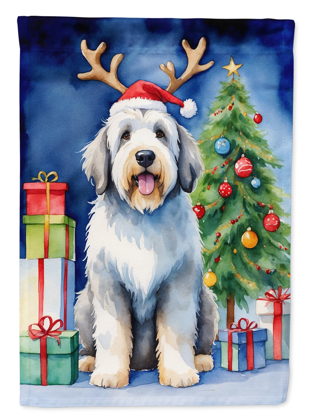 Old English Sheepdog Christmas Reindeer House Flag 28x40 Porch Sleeve Pole Decorative Outside Yard Banner Artwork Wall Hanging, Polyester
